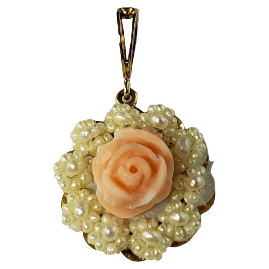 14 Karat Yellow Gold Carved Rose and Seed Pearl Pendant For Sale