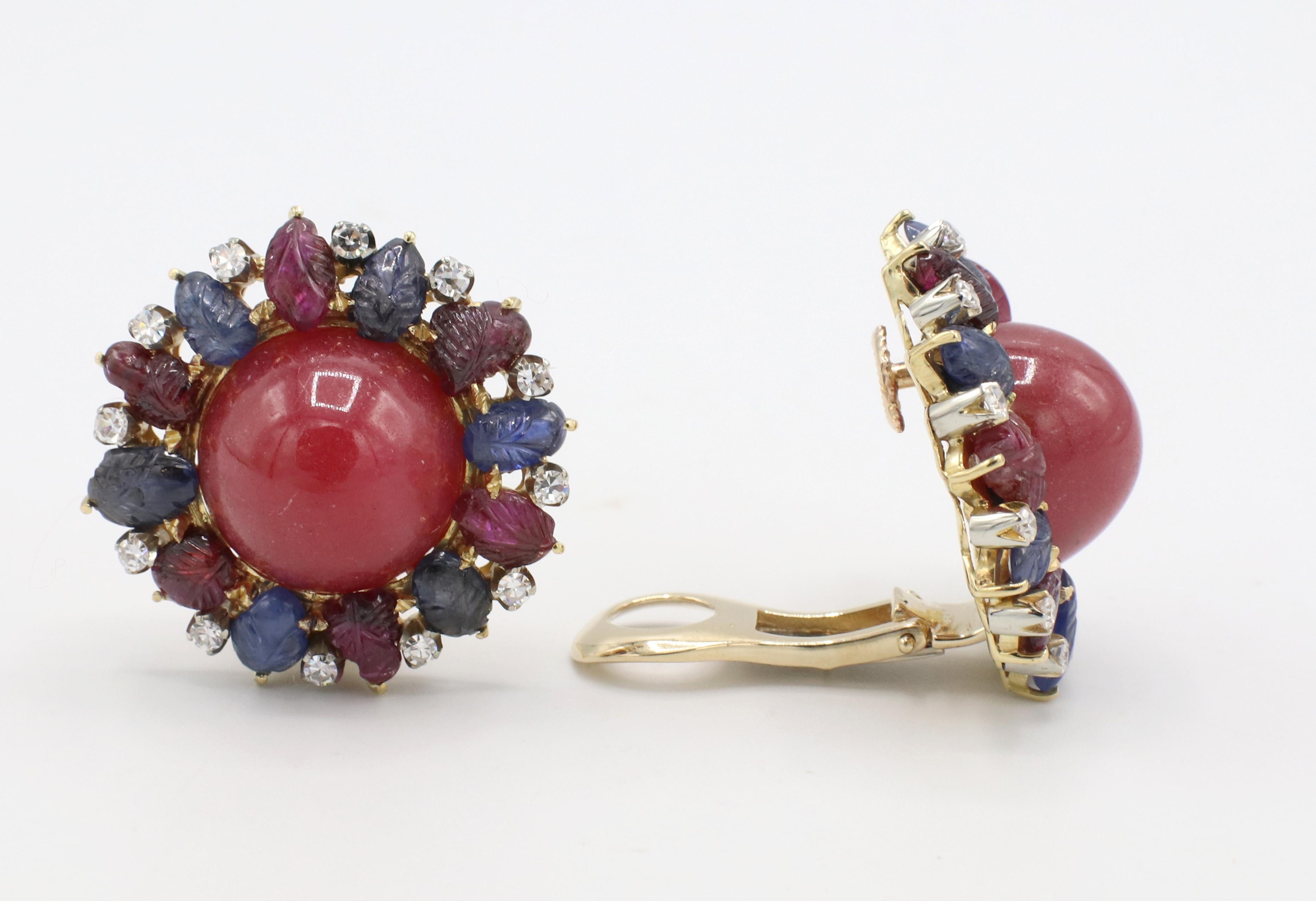 14 Karat Yellow Gold Carved Ruby Sapphire & Natural Diamond Cabochon Clip Earrings 
Metal: 14k yellow gold
Weight: 26.42 grams
Diameter: 26mm
Height: 13mm
Diamonds: Approx. .25 CTW H-I VS-SI round natural diamonds
Backs: Lever backs (clip on)
