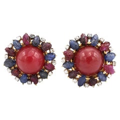 14 Karat Yellow Gold Carved Ruby Sapphire & Diamond Cabochon Clip Earrings 