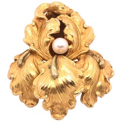 14 Karat Gelbgold Catleya Pin Brosche mit Perle in der Mitte