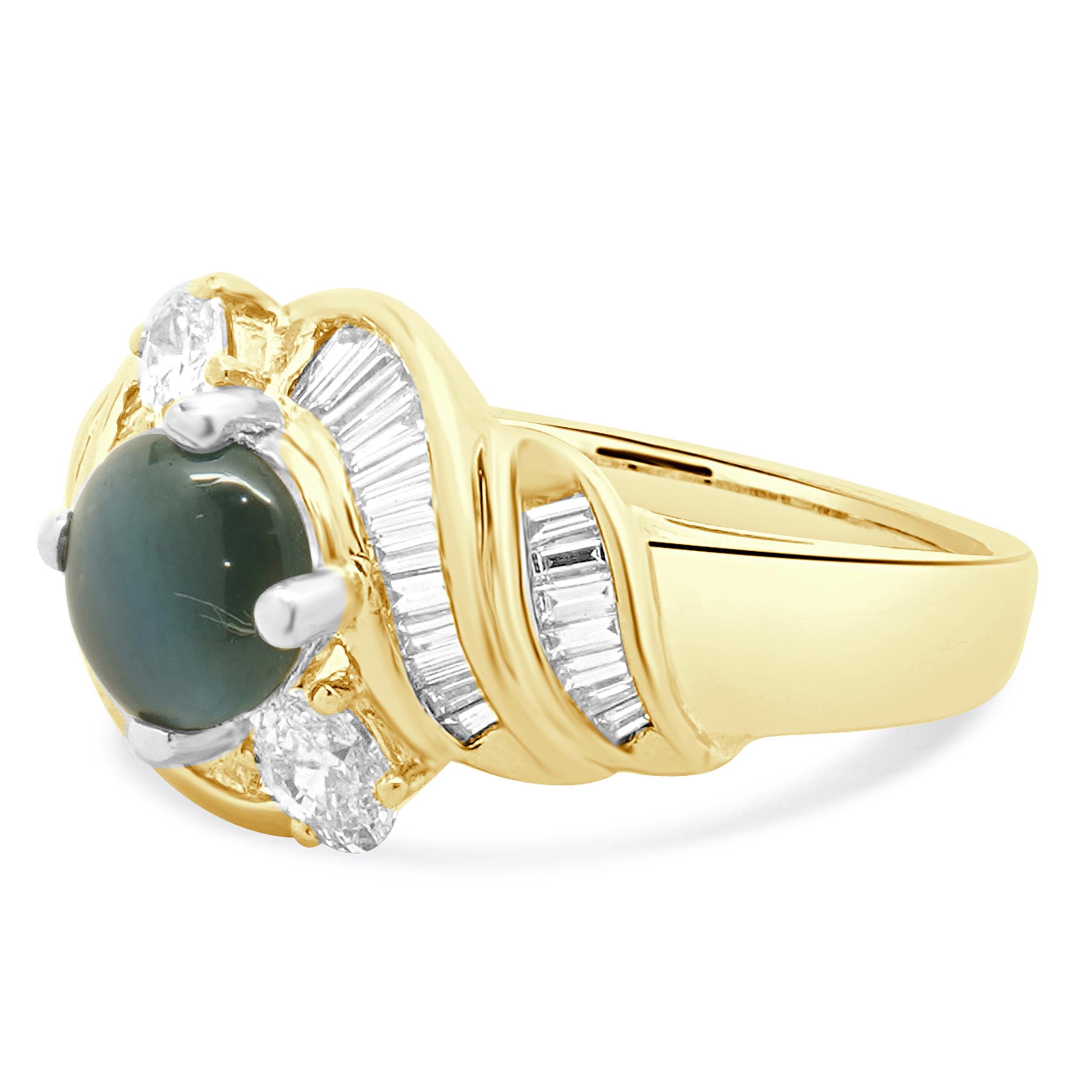Designer: custom
Material: 14K yellow gold
Diamond: 43 oval and baguette cut= 0.90cttw
Color: G
Clarity: VS2
Cat’s Eye Alexandrite: 1.36ct OVAL
GIA: 5231382979
Dimensions: ring top measures 11.9mm wide
Size: 6.5
Weight: 5.10 grams
