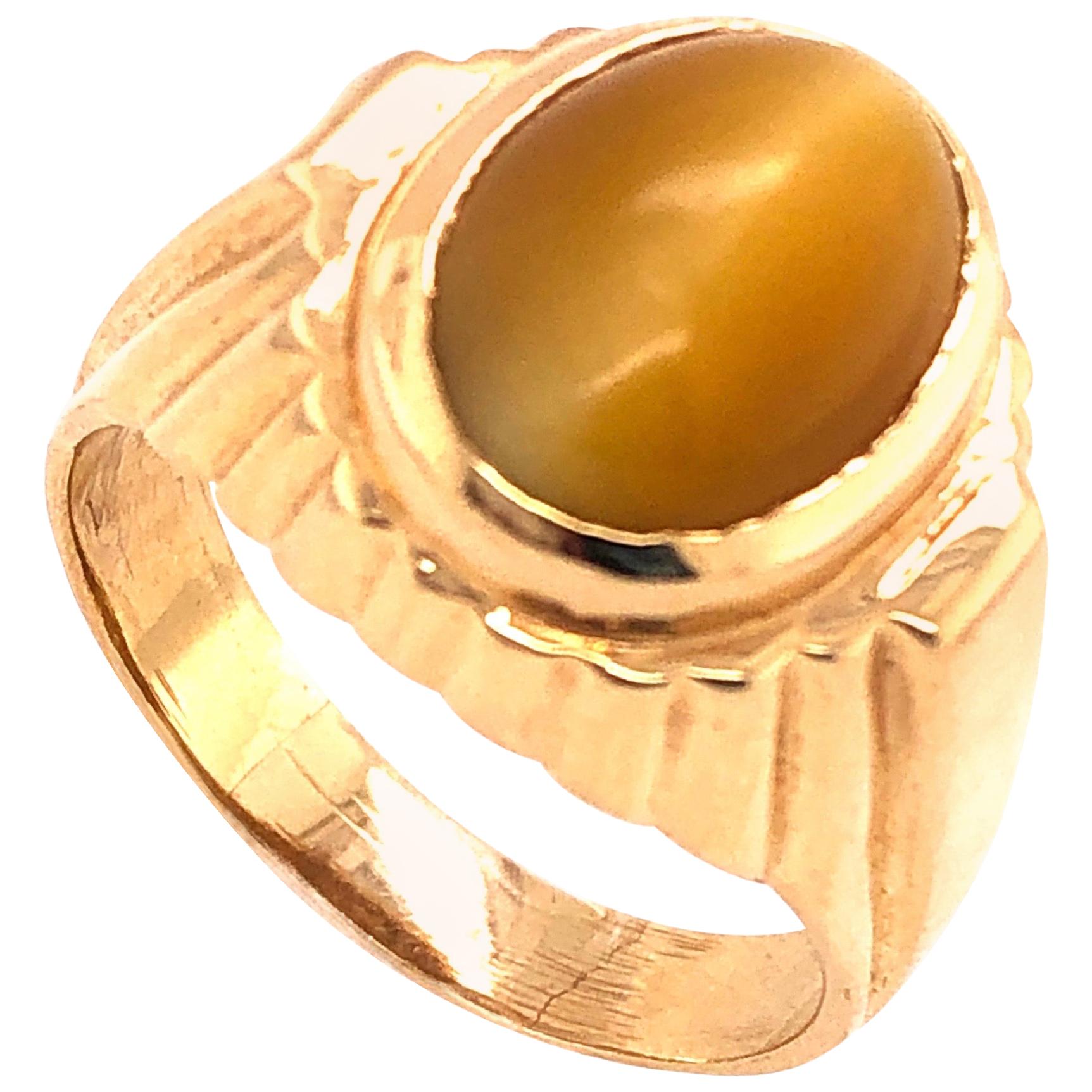 14 Karat Yellow Gold Cat's Eye Contemporary Ring For Sale