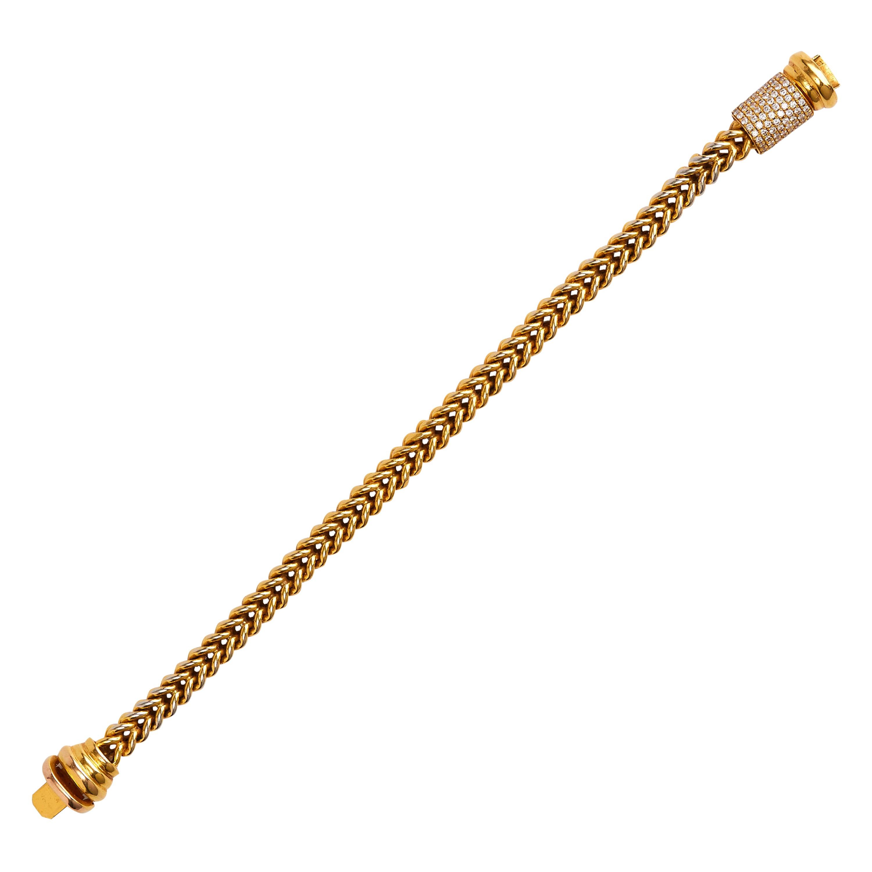 Bracelet chaîne en or jaune 14 carats avec fermoir en diamants en vente