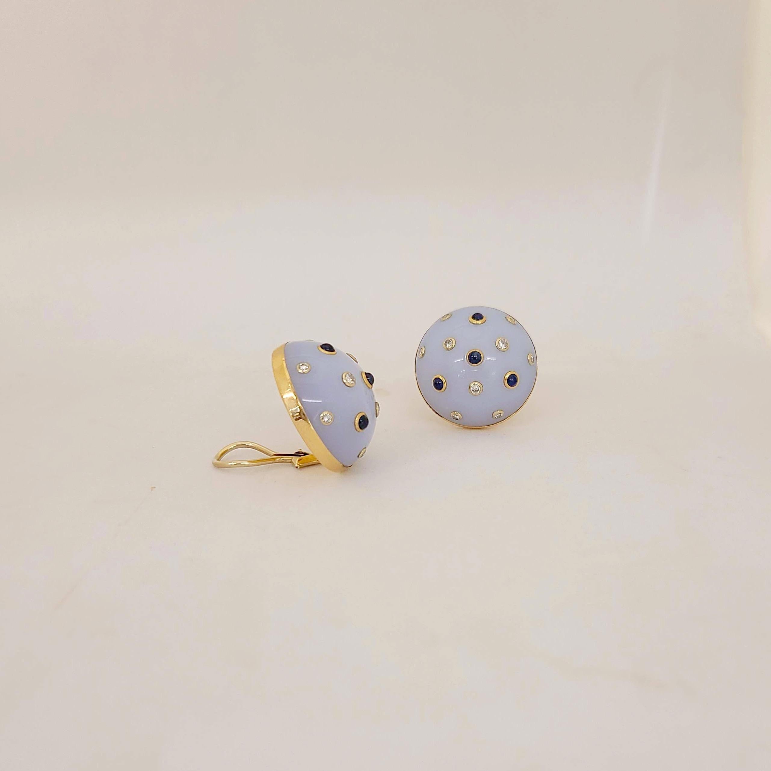 14 Karat Yellow Gold Chalcedony Button Earrings with Sapphires & .50Ct Diamonds In New Condition In New York, NY