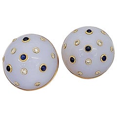 14 Karat Yellow Gold Chalcedony Button Earrings with Sapphires & .50Ct Diamonds