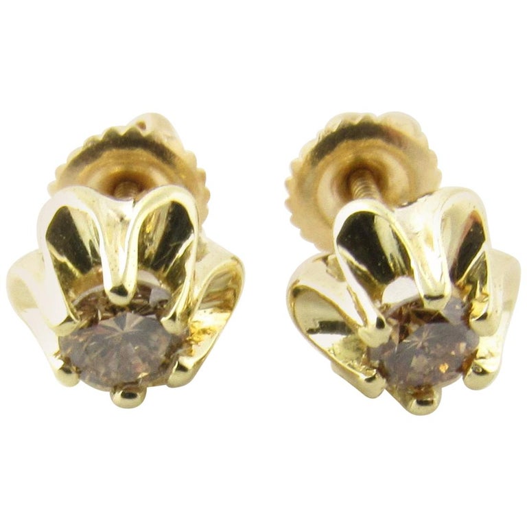 14 Karat Yellow Gold Champagne Diamond Earrings For Sale at 1stdibs