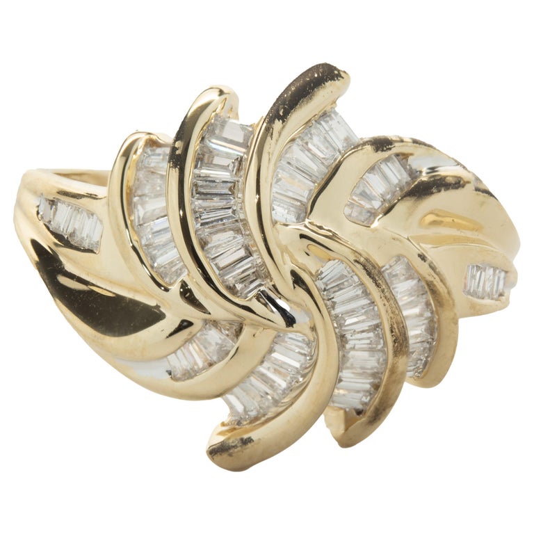 14 Karat Yellow Gold Channel Set Baguette Cut Diamond Swirl Ring For ...