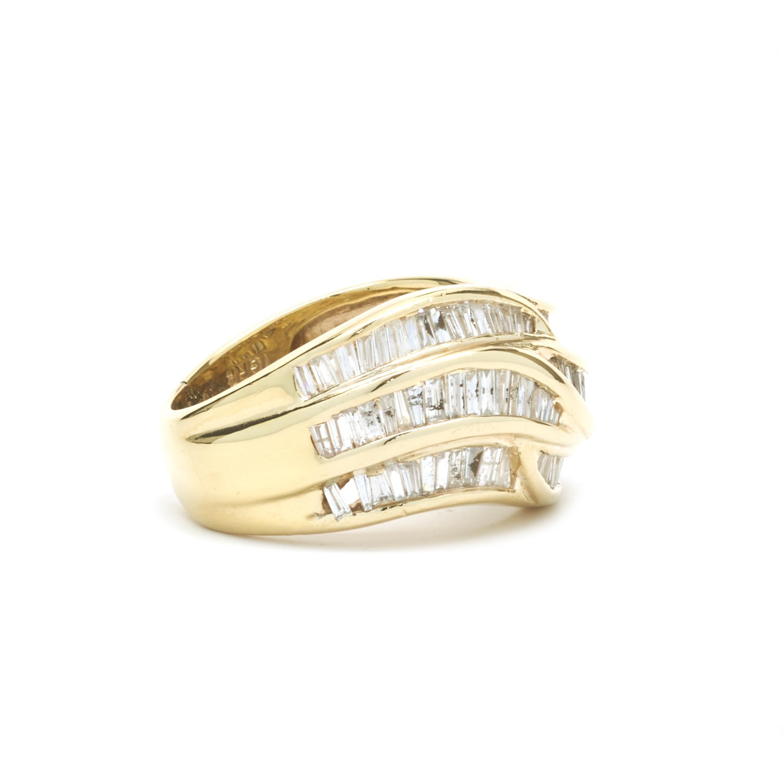 Designer: custom
Material: 14K yellow gold
Diamond: 100 baguette cut = 1.50cttw
Color: G
Clarity: SI1
Ring size: 5.5 (please allow two additional shipping days for sizing requests)
Weight:  7.37 grams
