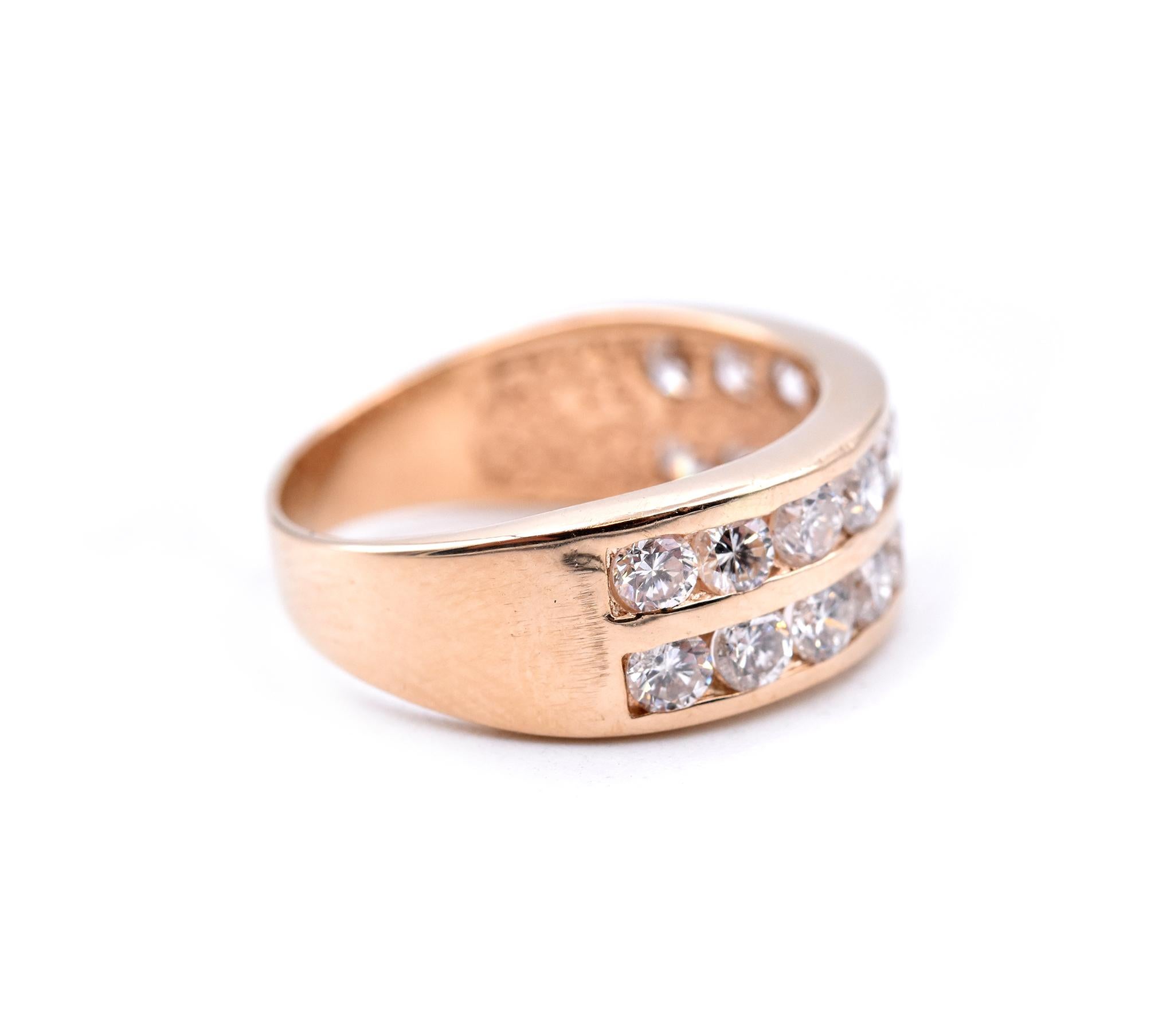 Designer: custom
Material: 14k yellow gold
Diamonds: 20 round brilliant cuts = 1.20cttw
Color: H
Clarity: SI1
Size: 6.5 (please allow two additional shipping days for sizing requests)  
Dimensions: ring measures 7.2mm in width
Weight: 4.46 grams
