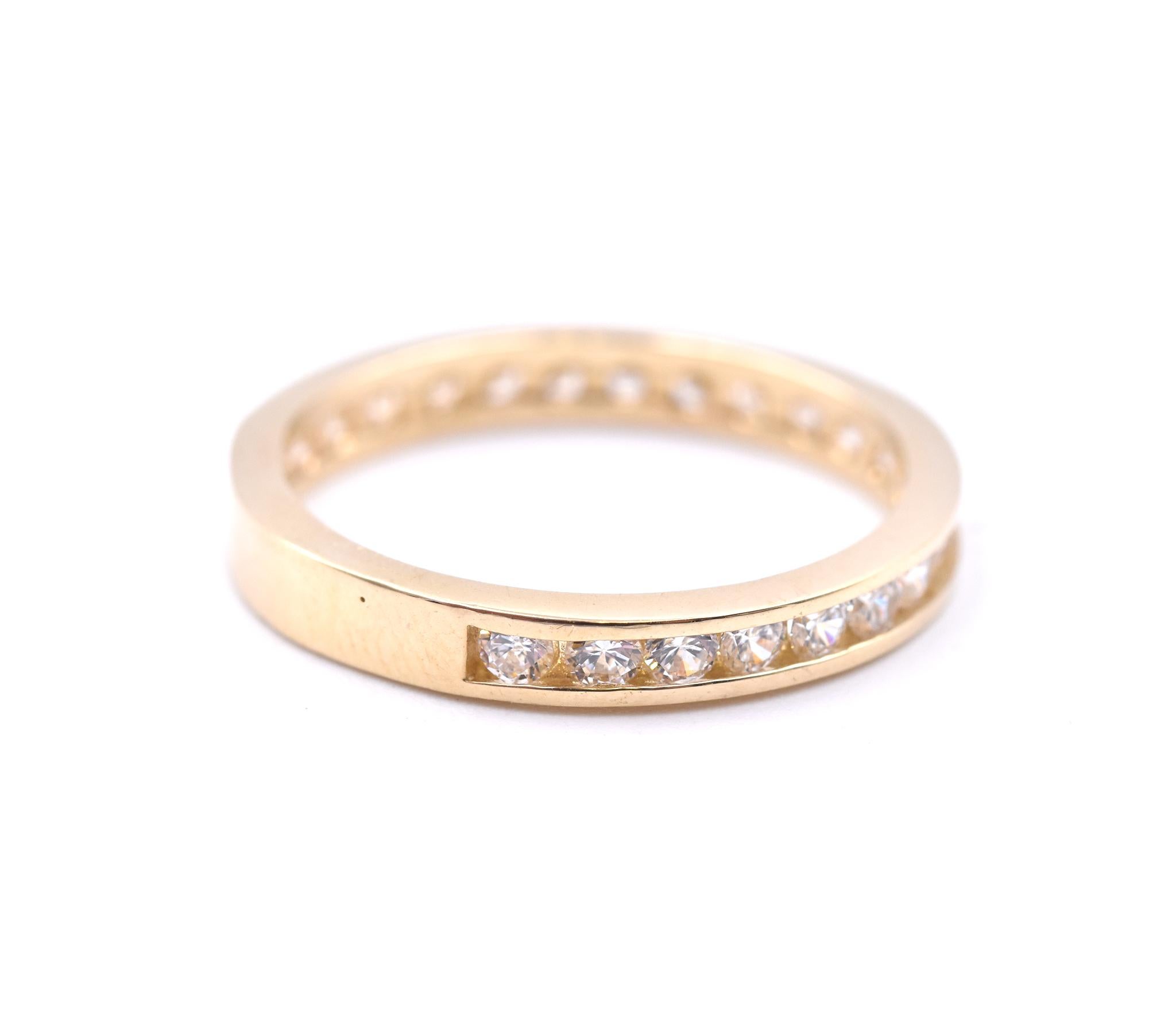 Designer: Custom
Material: 14k Yellow Gold 
Diamonds: 22 round cut = 0.90cttw 
Color: I
Clarity: SI1
Size: 7
Dimensions: ring measures 2.2mm in width
Weight: 2.43 grams
