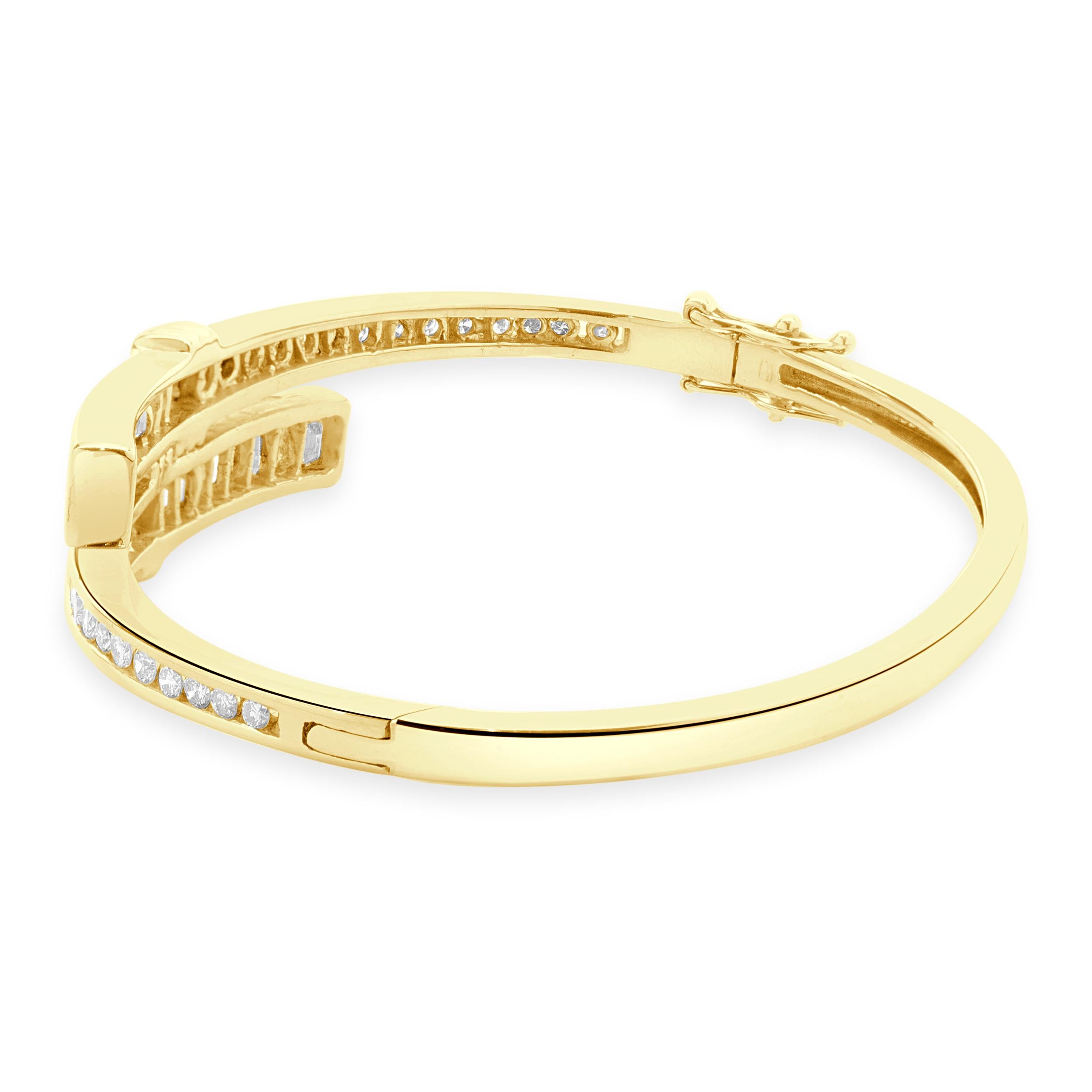 Round Cut 14 Karat Yellow Gold Channel Set Diamond Bypass Bangle Bracelet For Sale
