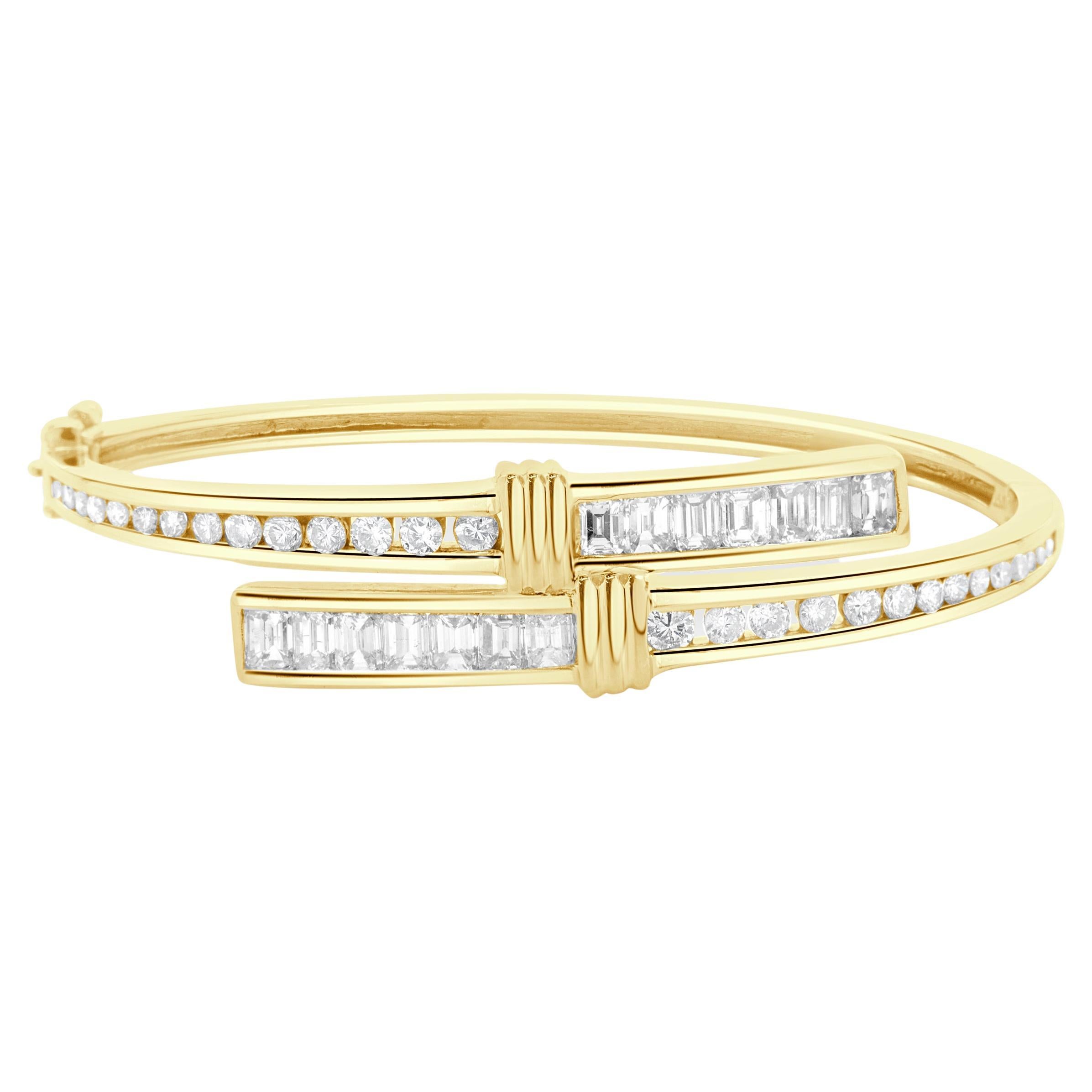 14 Karat Yellow Gold Channel Set Diamond Bypass Bangle Bracelet For Sale