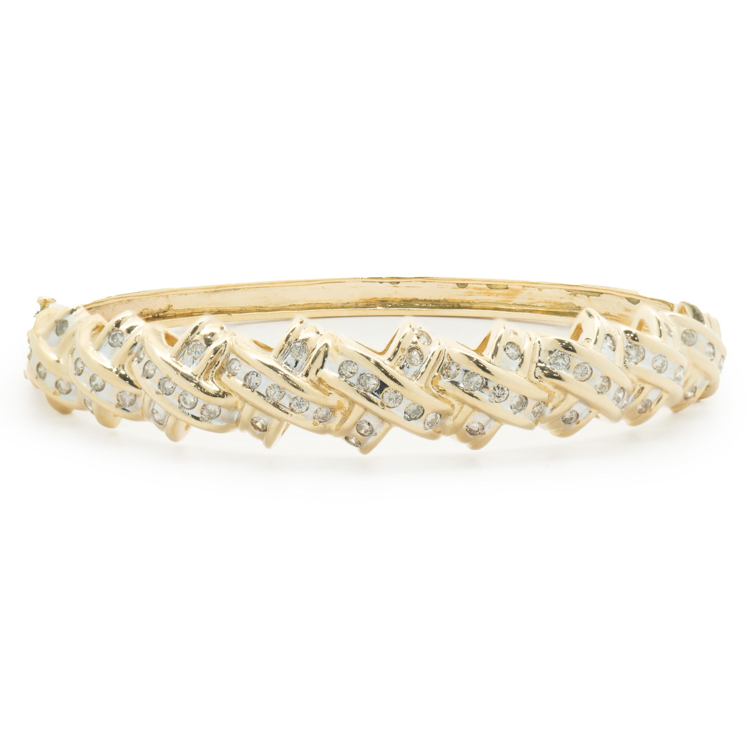 14 Karat Yellow Gold Channel Set Diamond X Bangle Bracelet For Sale