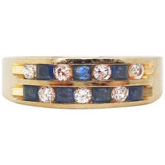 14 Karat Yellow Gold Channel Set Double Row Diamond and Sapphire Band Ring