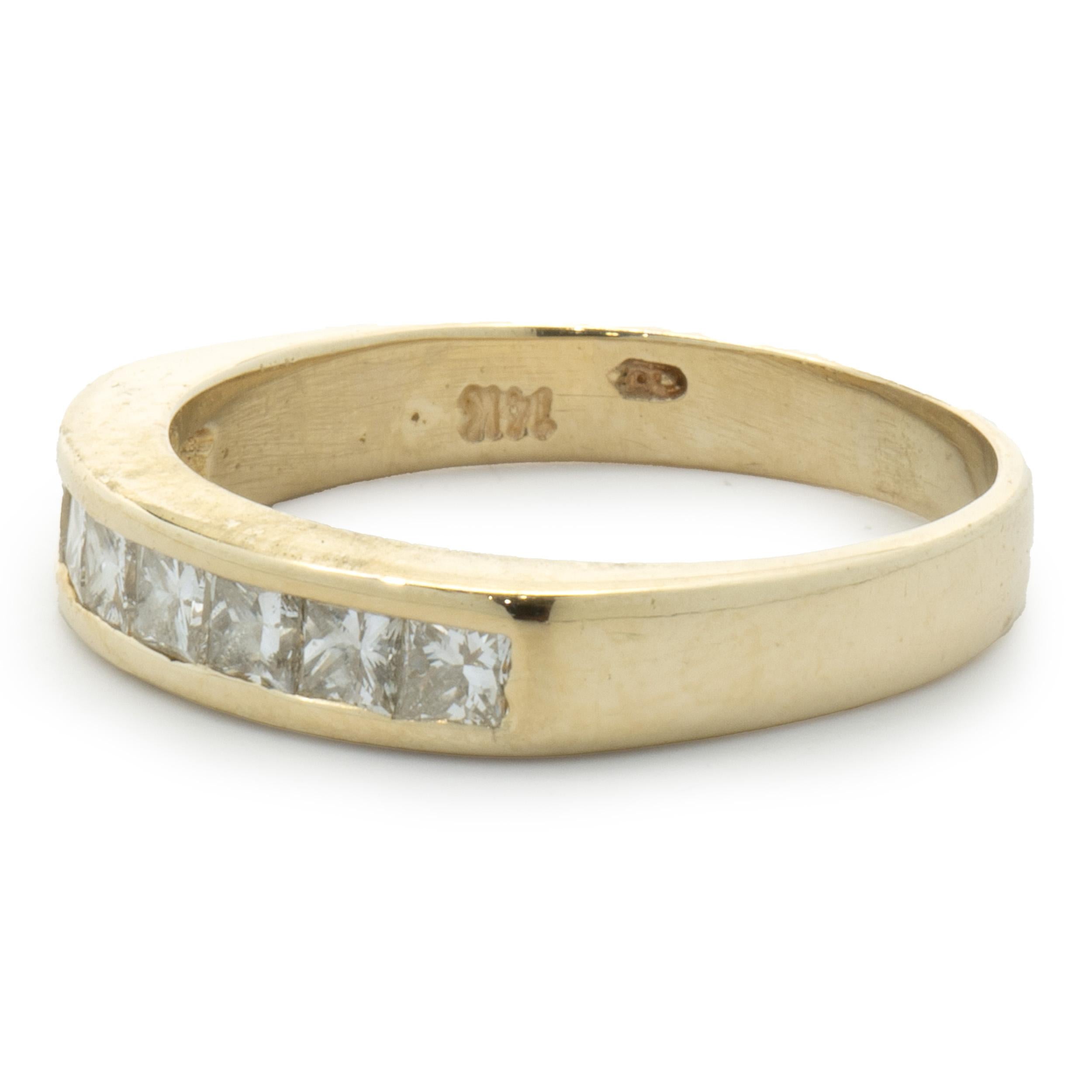 Designer: custom
Material: 14K yellow gold
Diamonds: 8 princess cut = 0.40cttw
Color: H
Clarity: SI1
Size: 5.75 (please allow two additional shipping days for sizing requests)  
Dimensions: ring measures 3.5mm in width
Weight: 2.82 grams