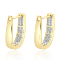 14 Karat Yellow Gold Channel Set Princess Cut Diamond Hoop Earrings