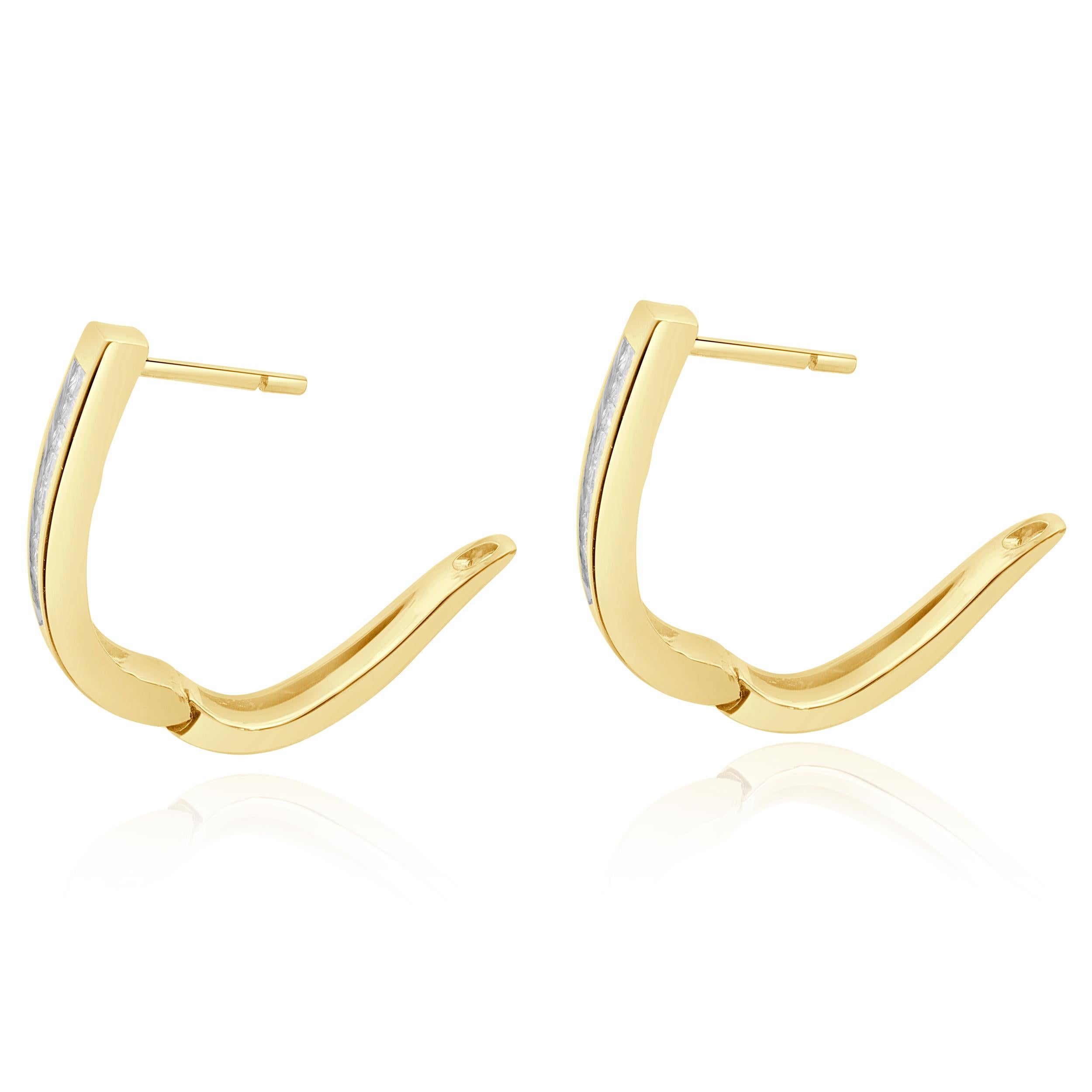 Women's or Men's 14 Karat Yellow Gold Channel Set Princess Cut Diamond Hoop Earrings For Sale