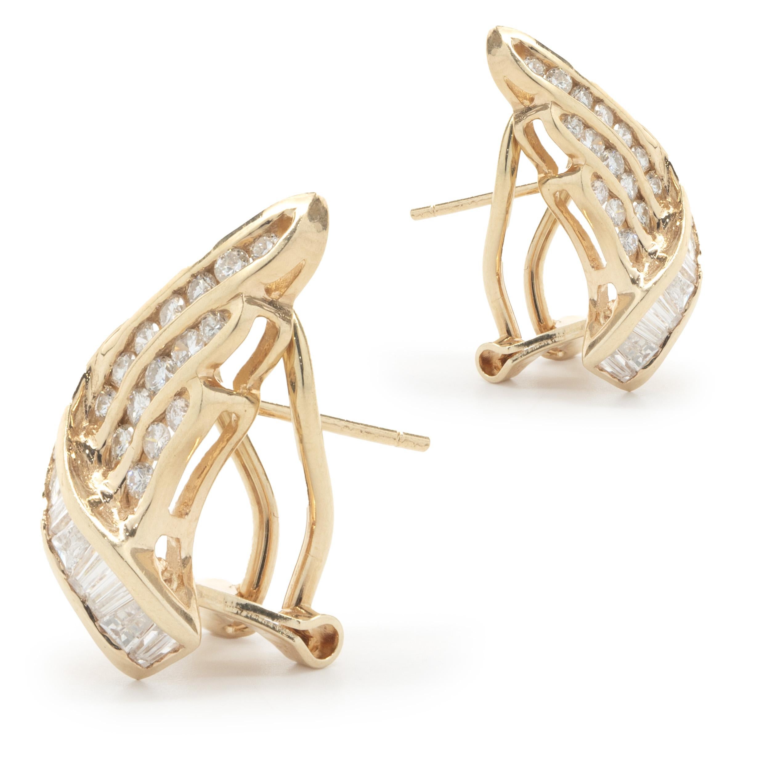 Round Cut 14 Karat Yellow Gold Channel Set Round and Baguette Diamond Wing Earrings For Sale
