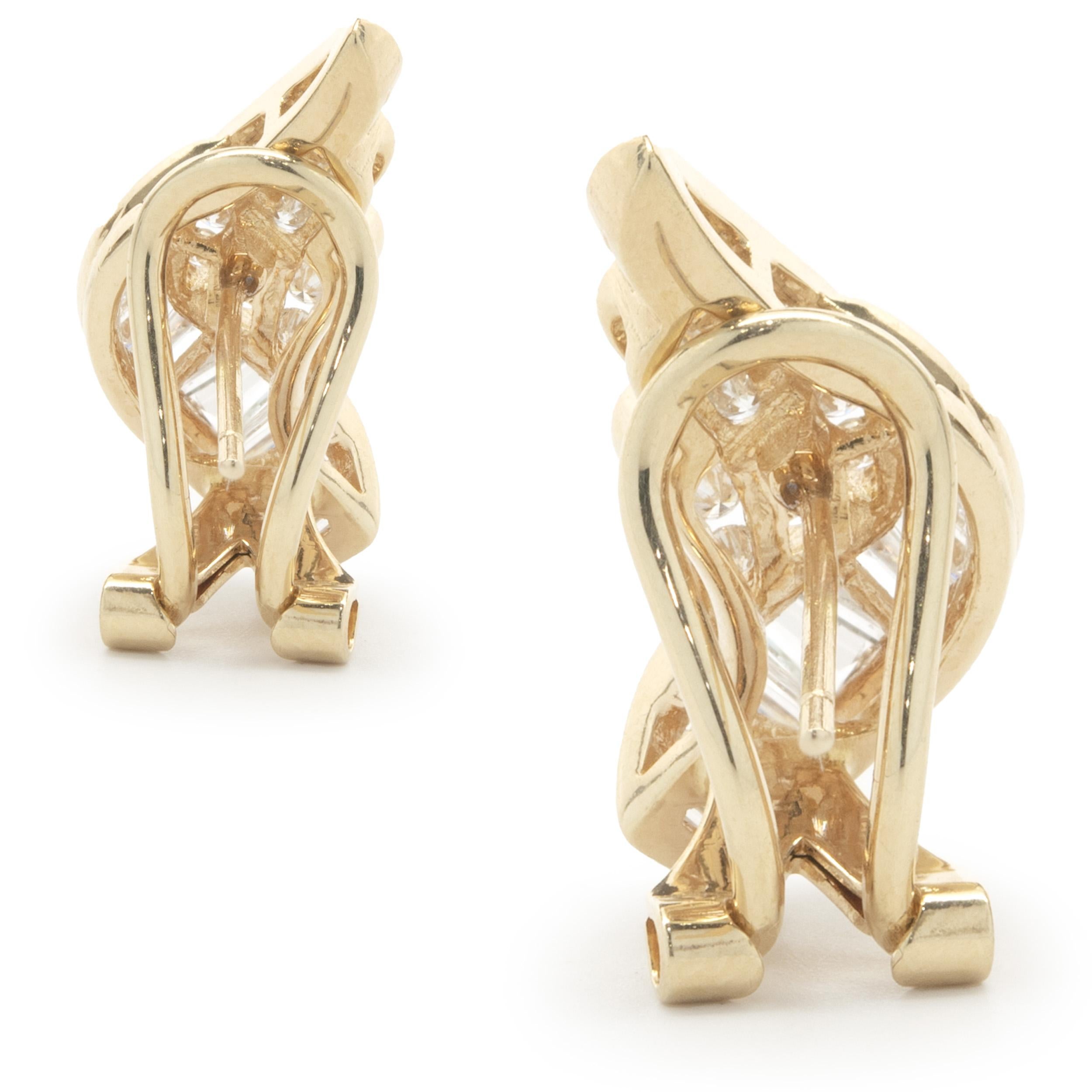 14 Karat Yellow Gold Channel Set Round and Baguette Diamond Wing Earrings In Excellent Condition For Sale In Scottsdale, AZ