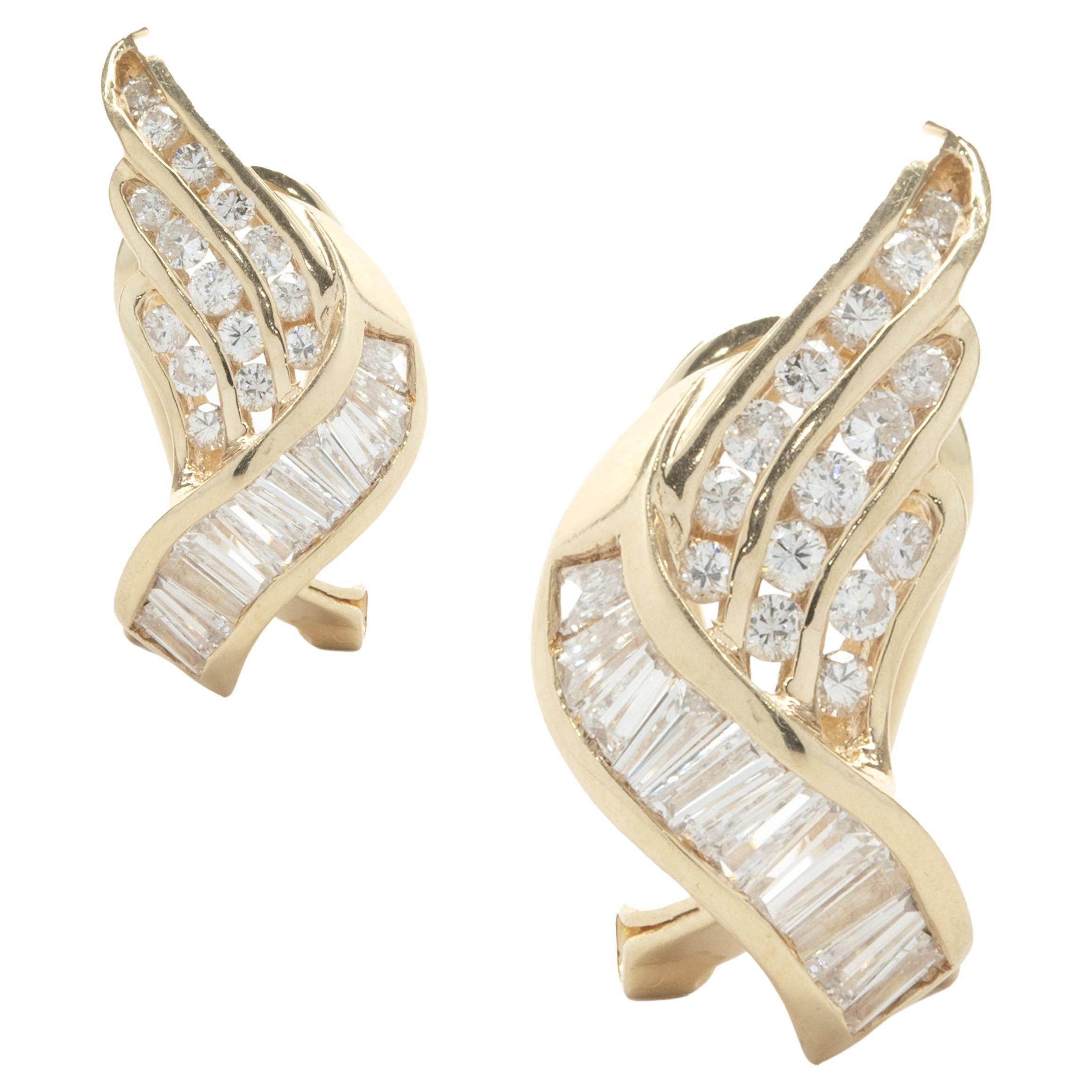 14 Karat Yellow Gold Channel Set Round and Baguette Diamond Wing Earrings For Sale