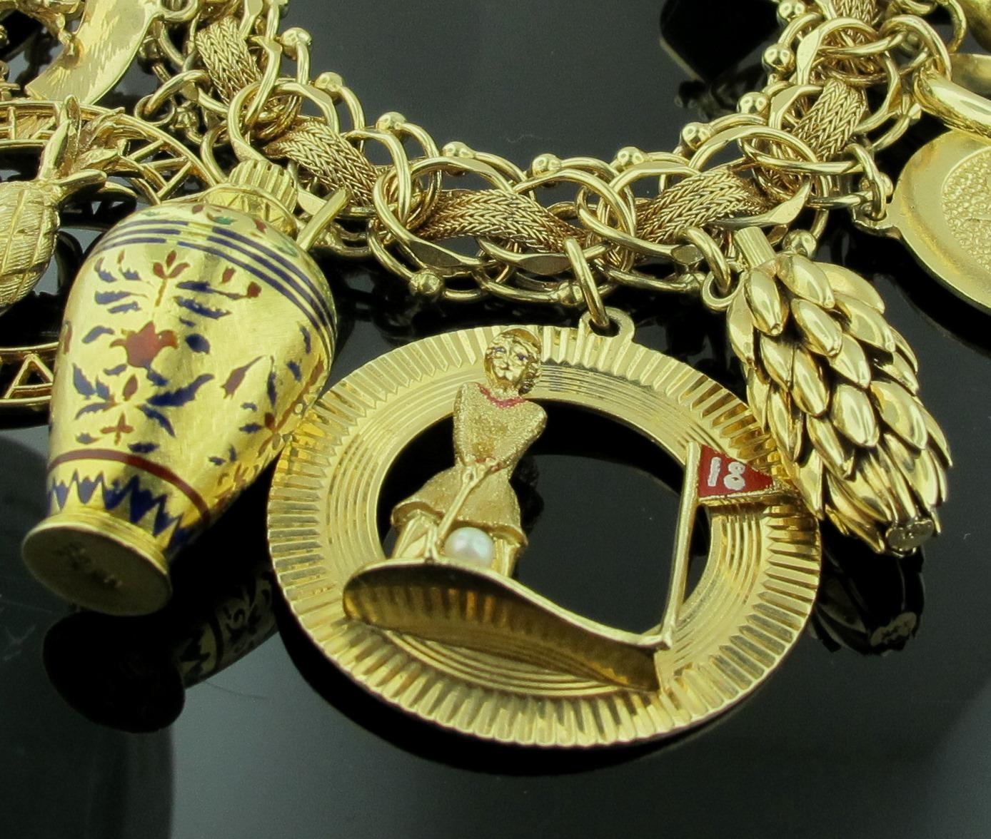 Women's or Men's 14 Karat Yellow Gold Charm Bracelet with 19 Charms
