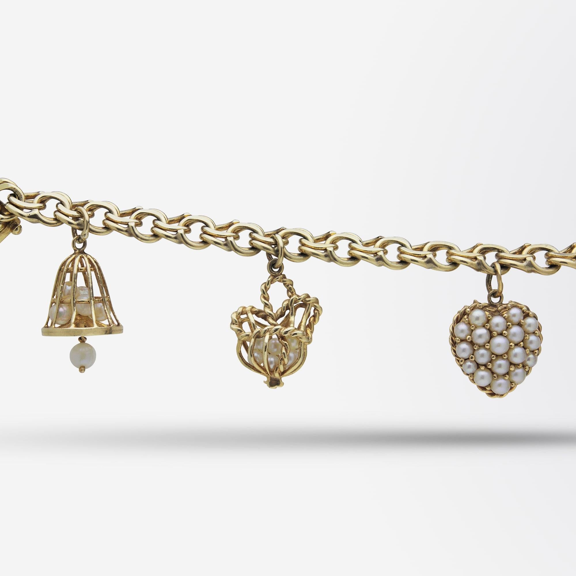 Modern 14 Karat Yellow Gold Charm Bracelet with Pearls and Ceylon Sapphires