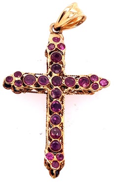 14 Karat Yellow Gold Charm Cross Pendant with Rubies and Sapphires Reversible