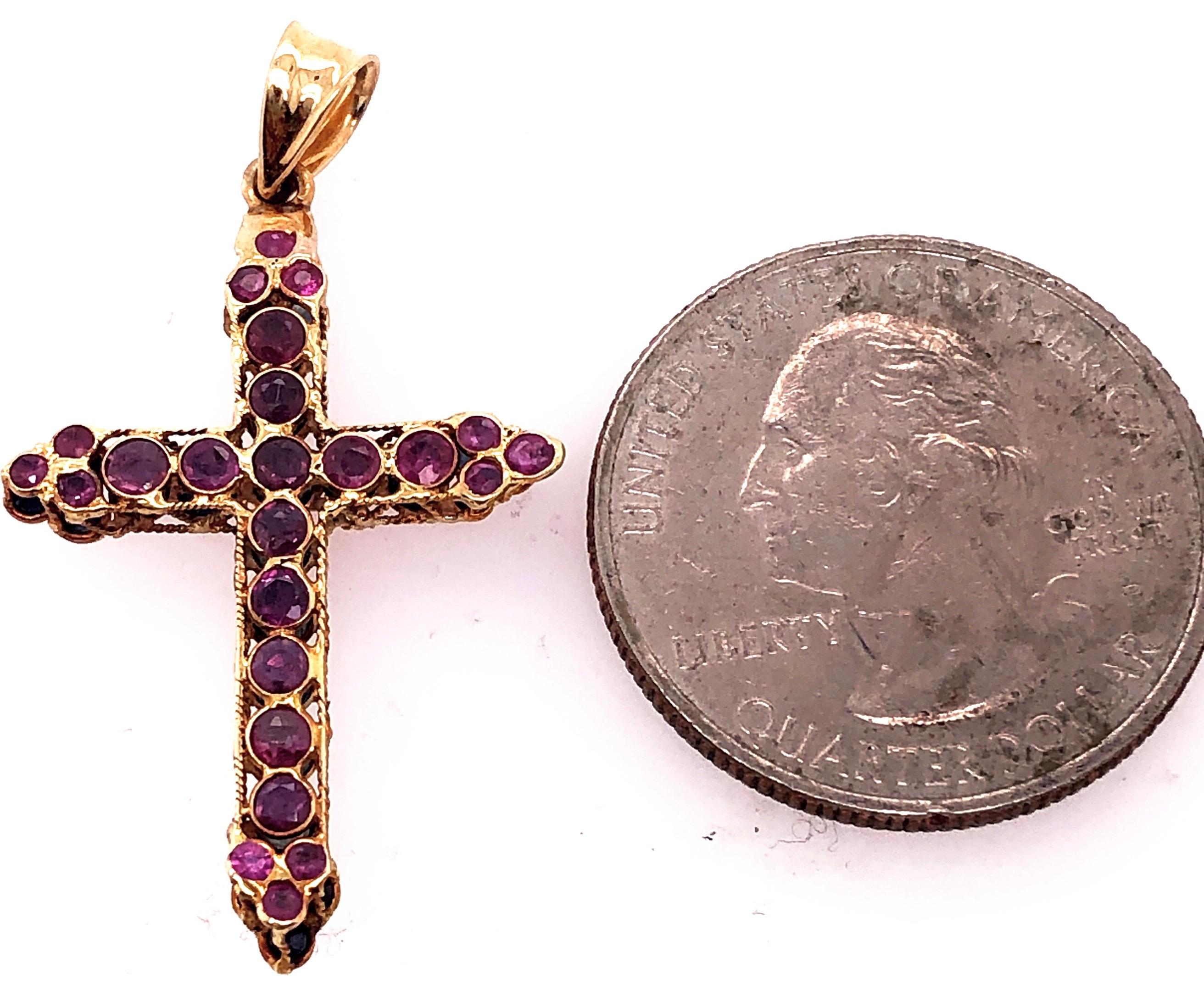 Round Cut 14 Karat Yellow Gold Charm Cross Pendant with Rubies and Sapphires Reversible