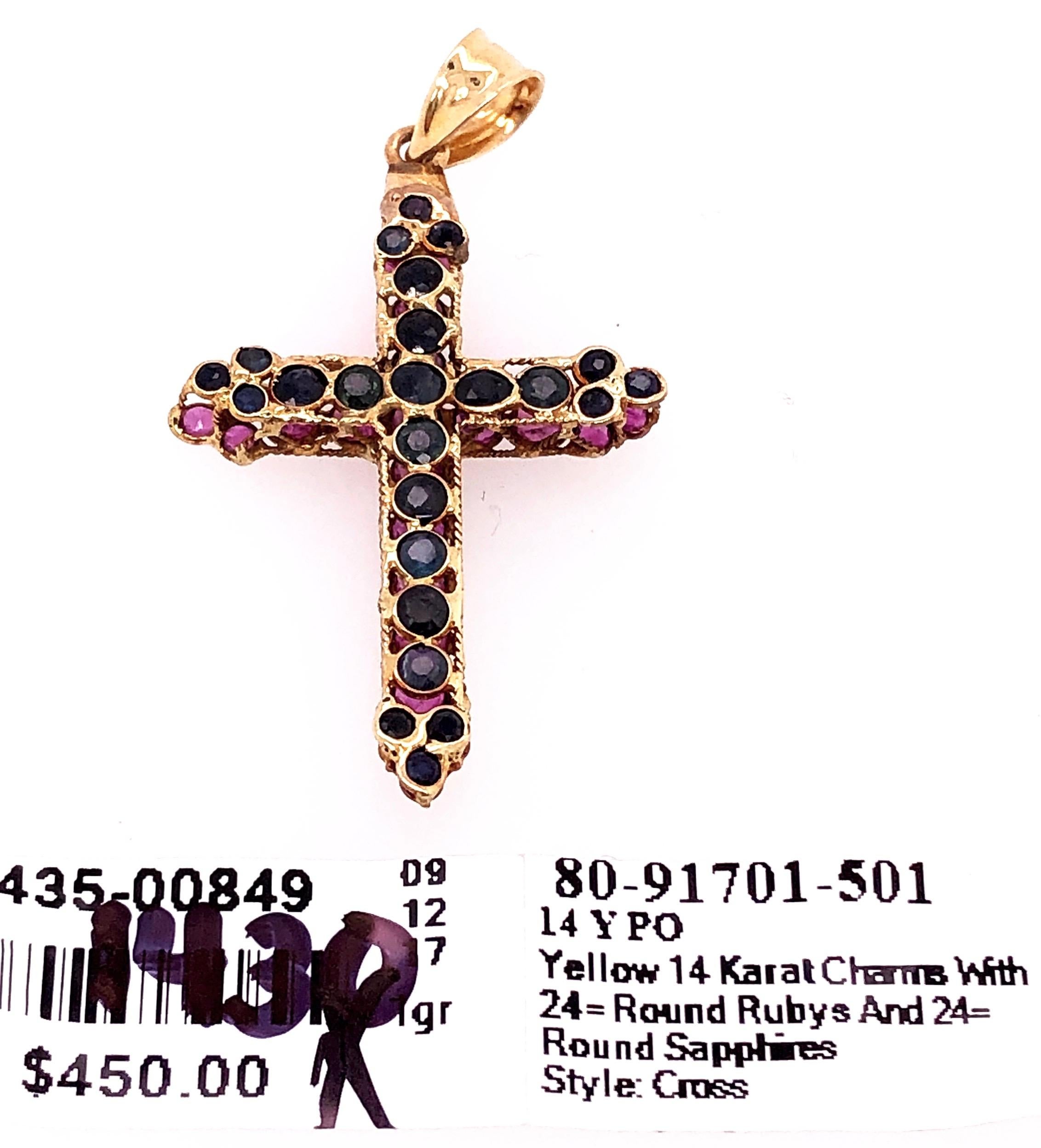 14 Karat Yellow Gold Charm Cross Pendant with Rubies and Sapphires Reversible In Good Condition In Manhasset, NY