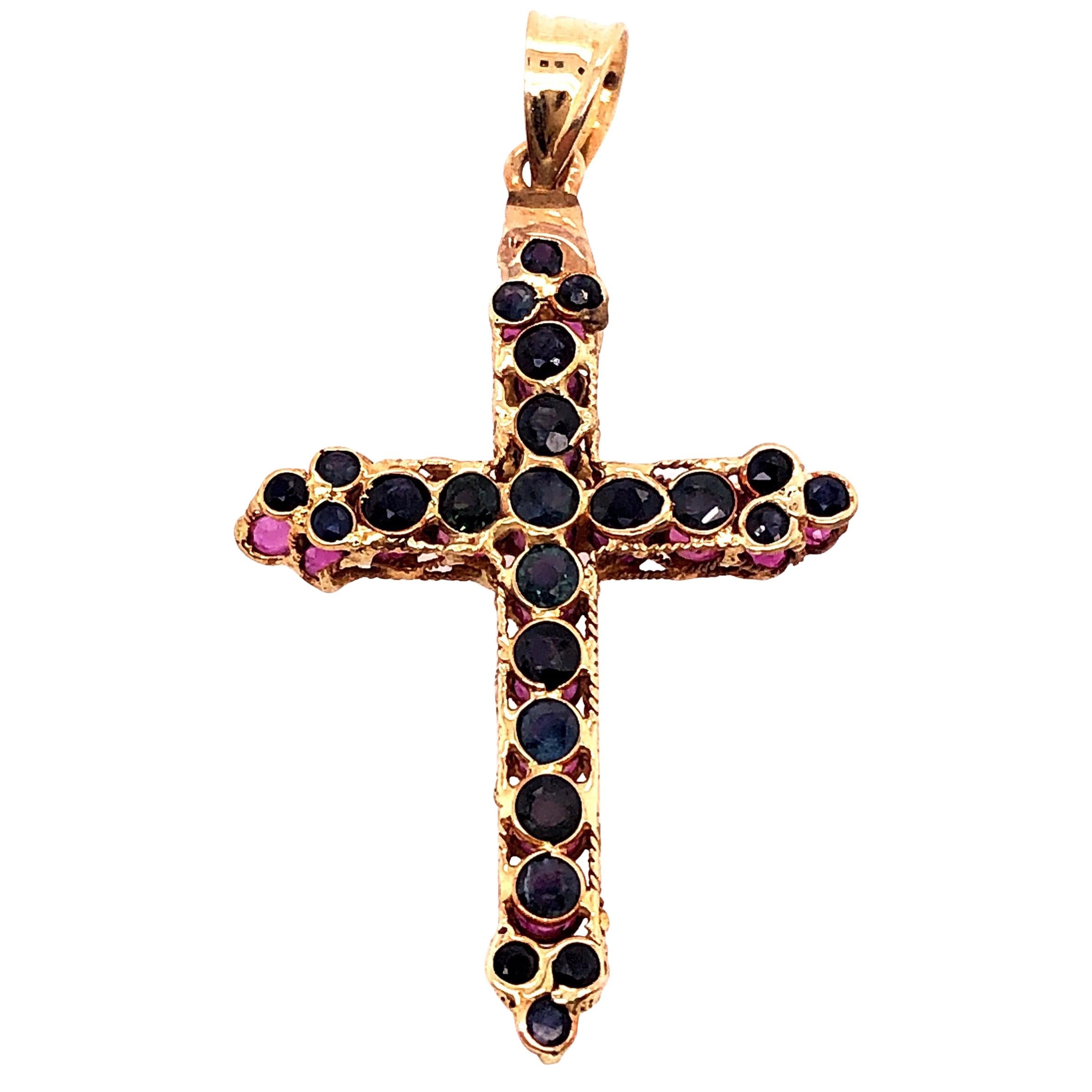 14 Karat Yellow Gold Charm Cross Pendant with Rubies and Sapphires Reversible