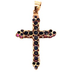 14 Karat Yellow Gold Charm Cross Pendant with Rubies and Sapphires Reversible