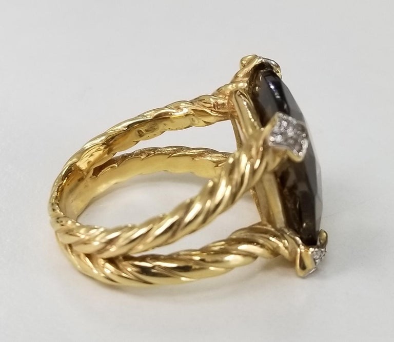 14 Karat Yellow Gold "Checker Board" Cut Smokey Topaz and Diamond Ring