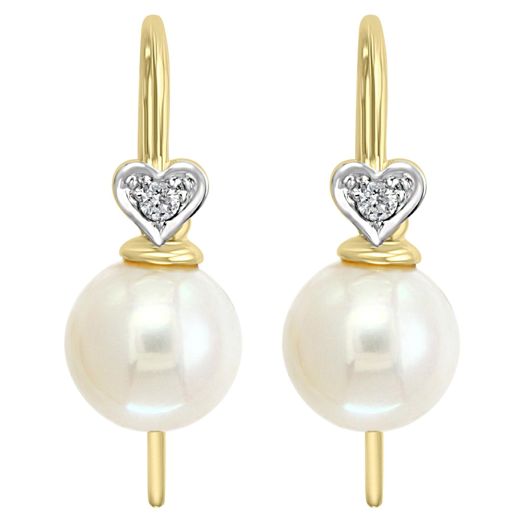 14 Karat Yellow Gold and Freshwater Cultured 8-8.5mm Pearl and Diamond Earrings For Sale