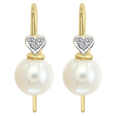 14 Karat Yellow Gold and Freshwater Cultured 8-8.5mm Pearl and Diamond Earrings