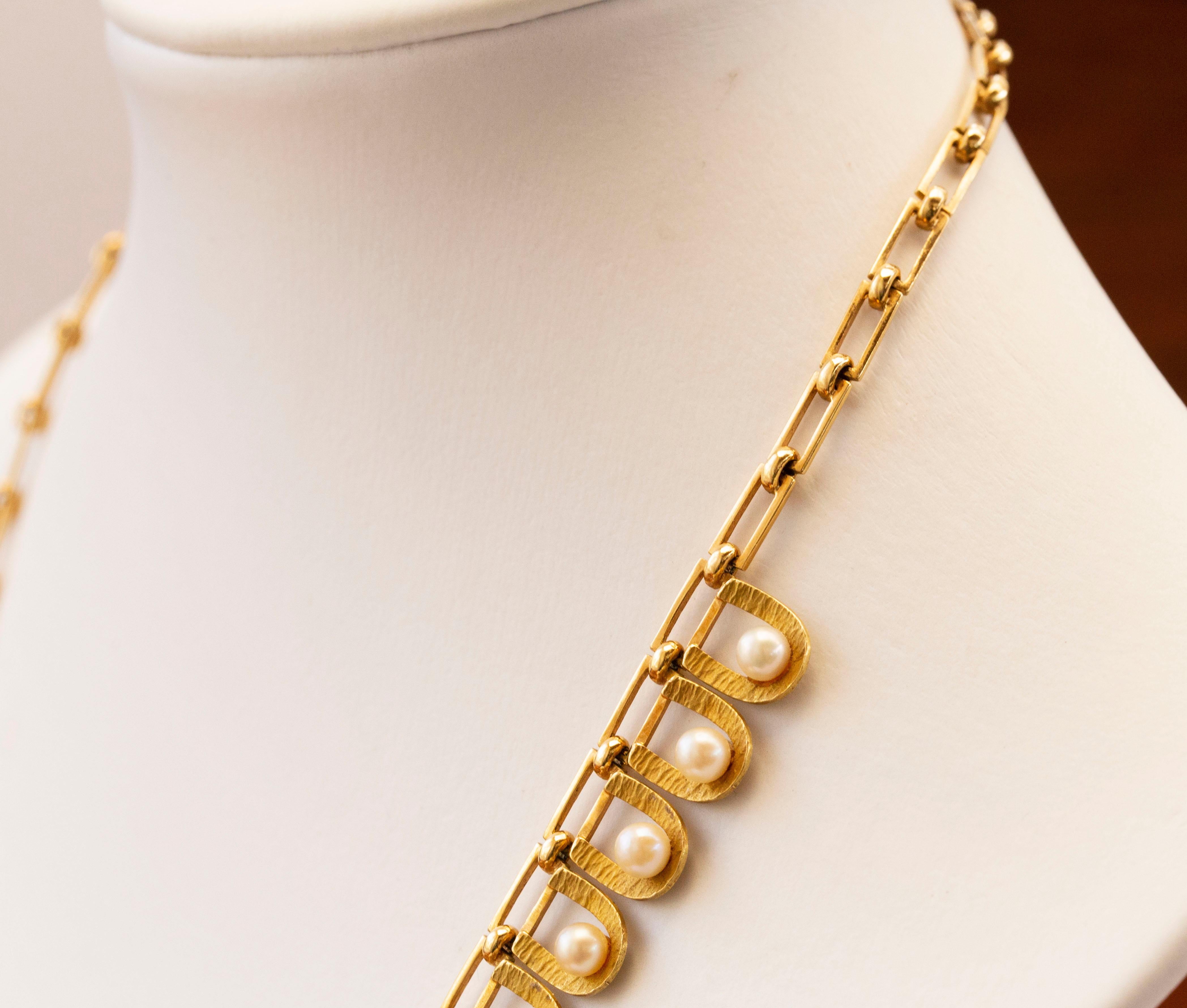14 Karat Yellow Gold Choker Link Necklace with Cultivated Akoya Pearls  1
