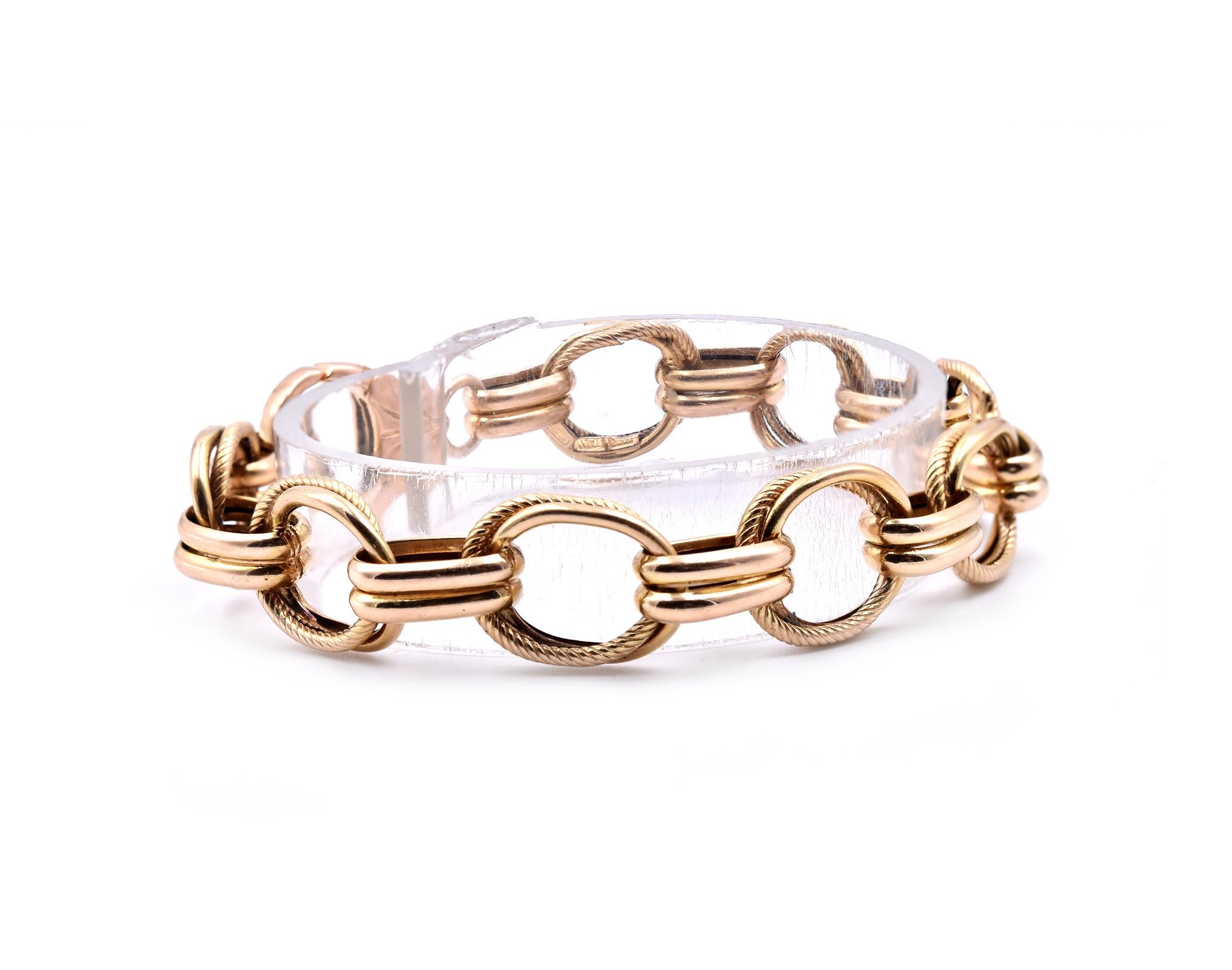 Designer: custom 
Material: 14k yellow gold
Dimensions: the bracelet measures 7.5- inches in length
Weight:  12.62 grams
