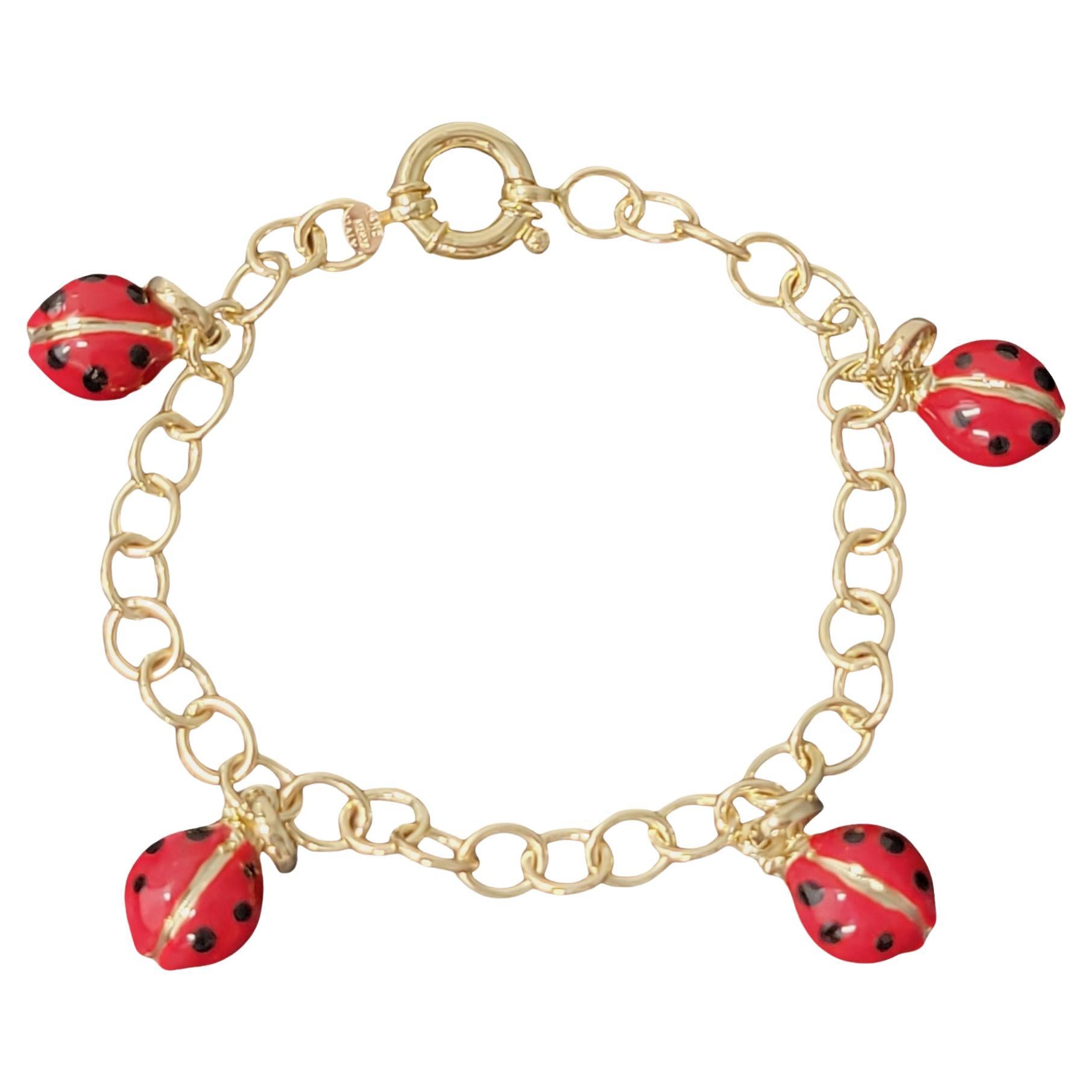 Pulsera de eslabones circulares de oro amarillo de 14 quilates con colgantes de mariquita