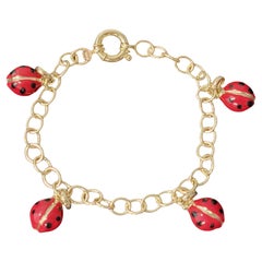 Pulsera de eslabones circulares de oro amarillo de 14 quilates con colgantes de mariquita