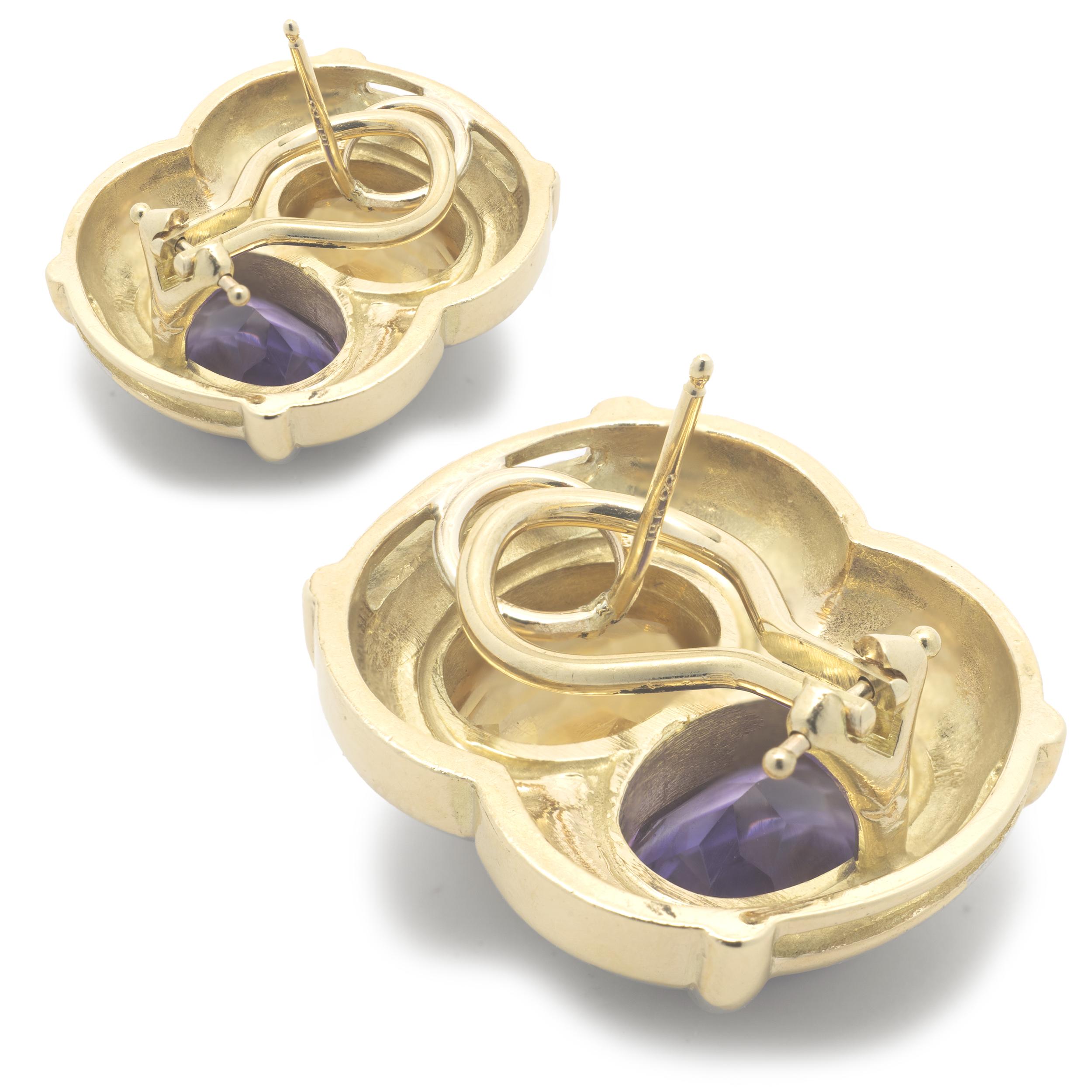 Round Cut 14 Karat Yellow Gold Citrine and Amethyst Earrings