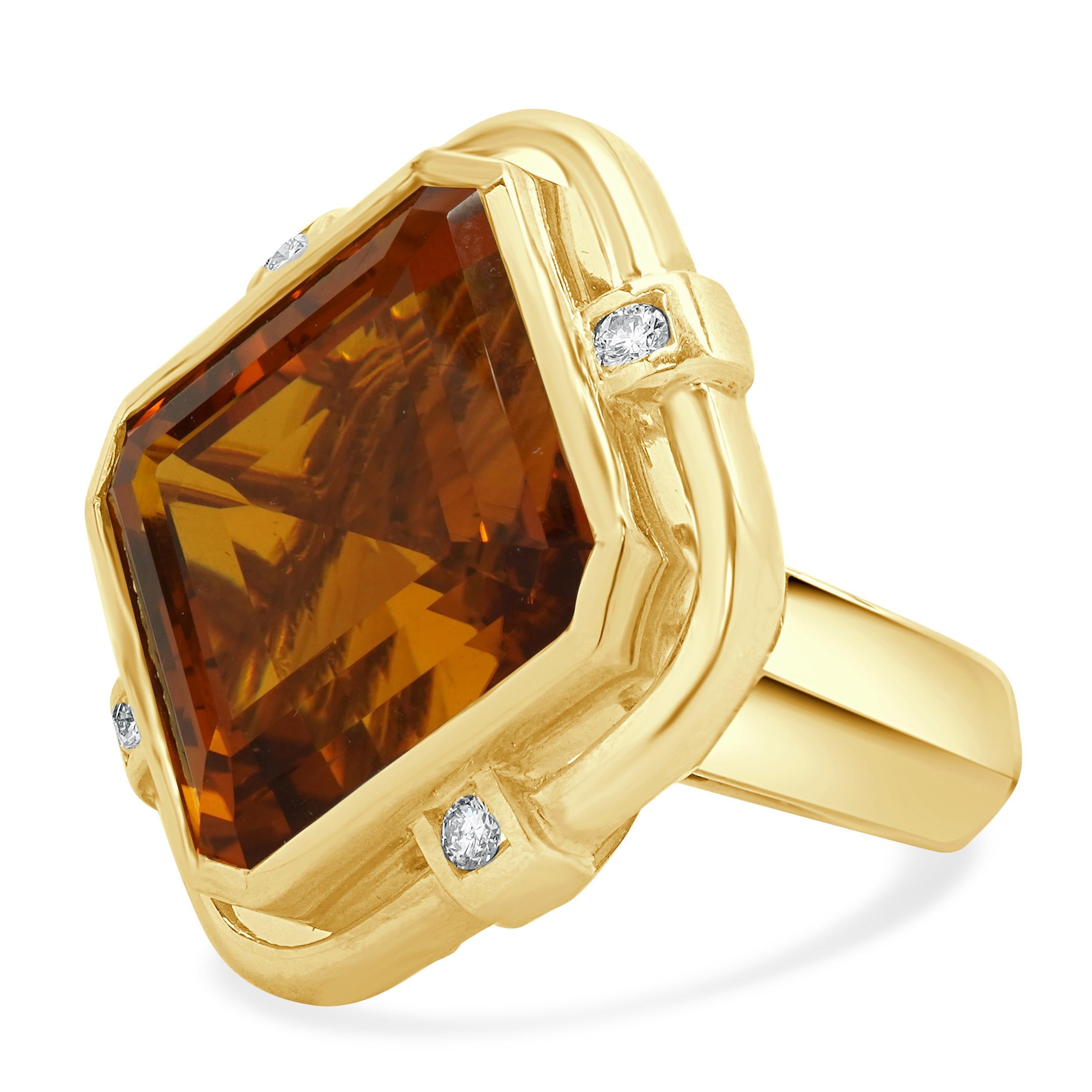 Square Cut 14 Karat Yellow Gold Citrine and Diamond Abstract Ring For Sale
