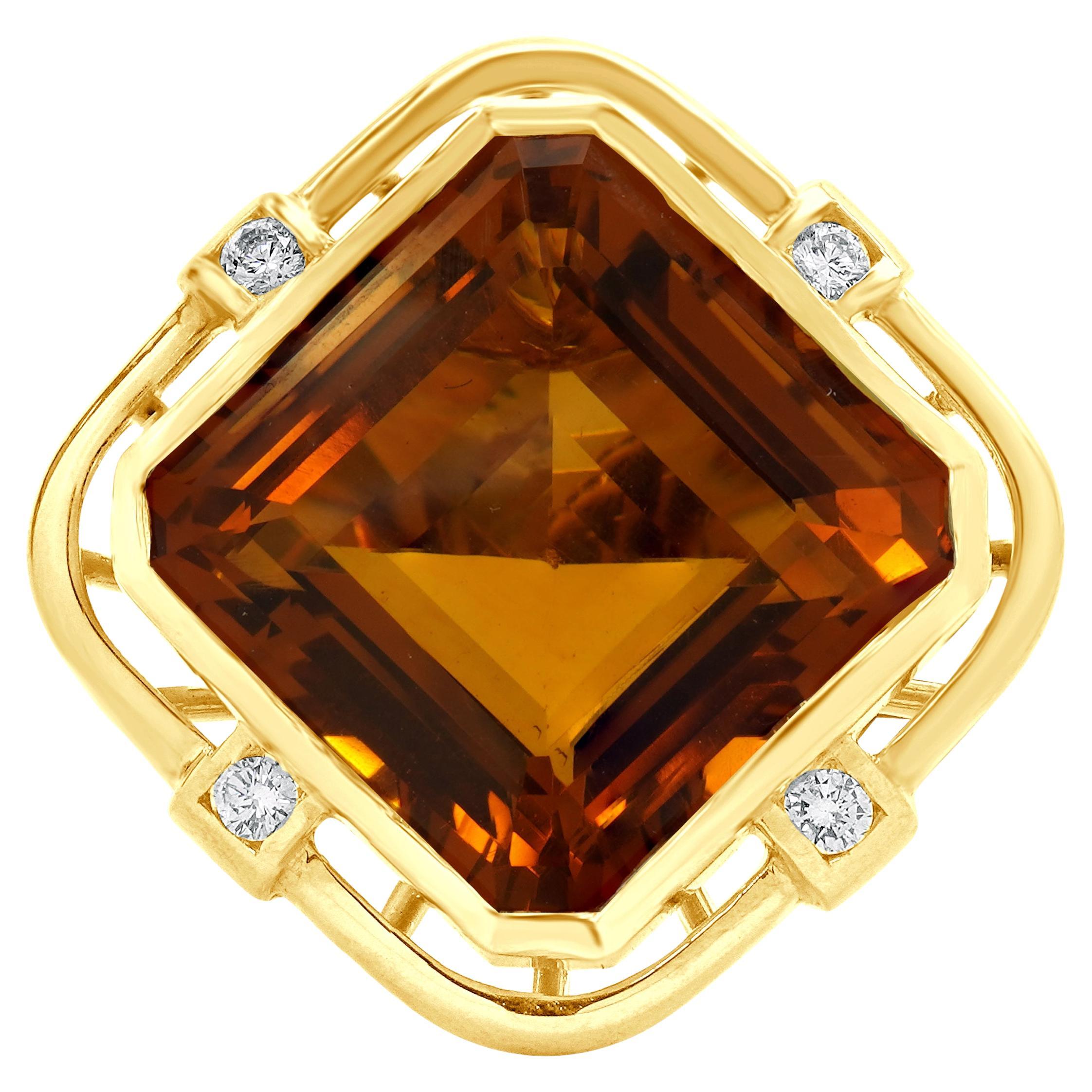 14 Karat Yellow Gold Citrine and Diamond Abstract Ring