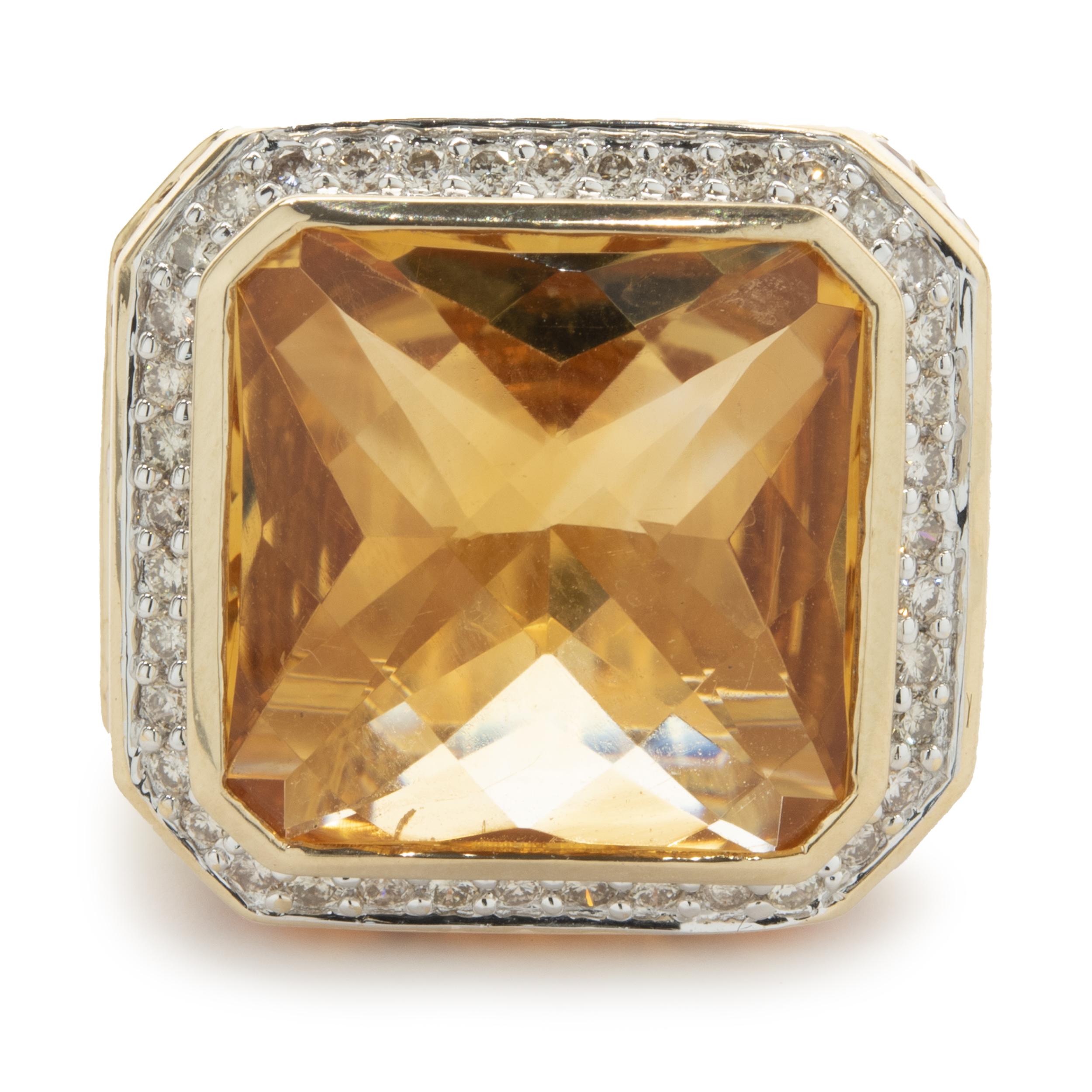 Designer: BJC
Material: 14K yellow gold
Diamond: 38 round brilliant cut = 0.38cttw
Color: G
Clarity: SI1
Dimensions: ring top measures 20.23mm
Ring Size: 6.5 (complimentary sizing available)
Weight: 18.40 grams