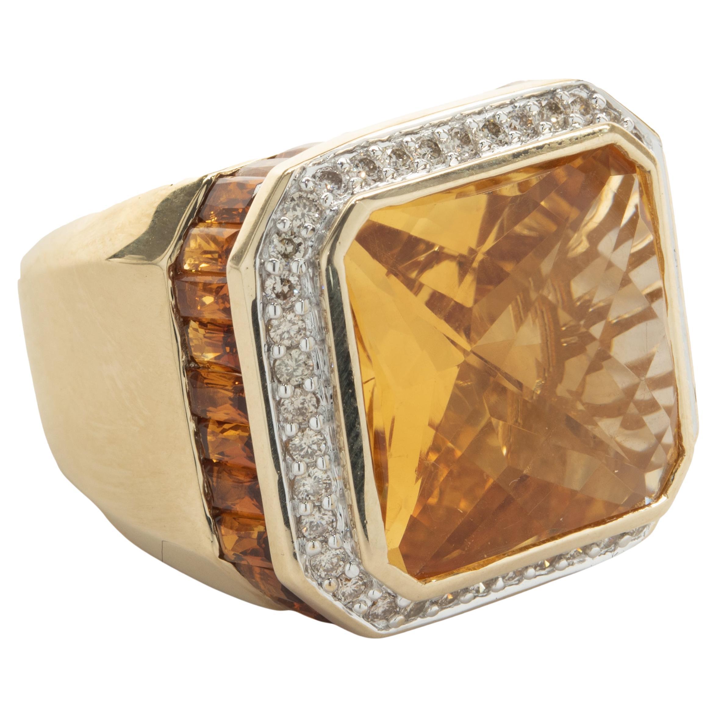 14 Karat Yellow Gold Citrine and Diamond Halo Fashion Ring For Sale