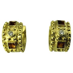 14 Karat Yellow Gold Citrine Quartz and Diamond Hoop Earrings