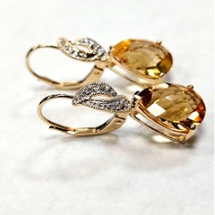 14 Karat Yellow Gold Citrine and Diamond Leverback Drop Earrings