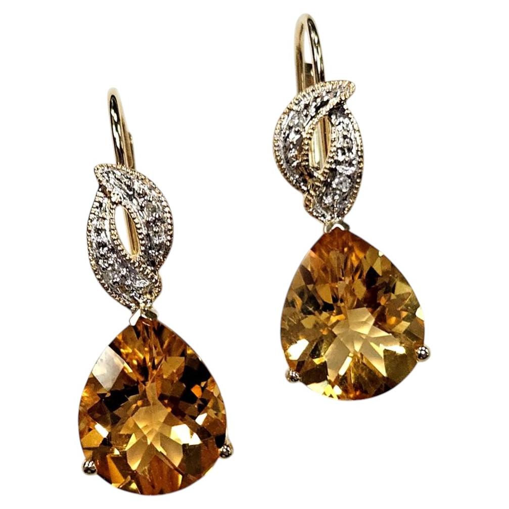 14 Karat Yellow Gold Citrine and Diamond Leverback Drop Earrings