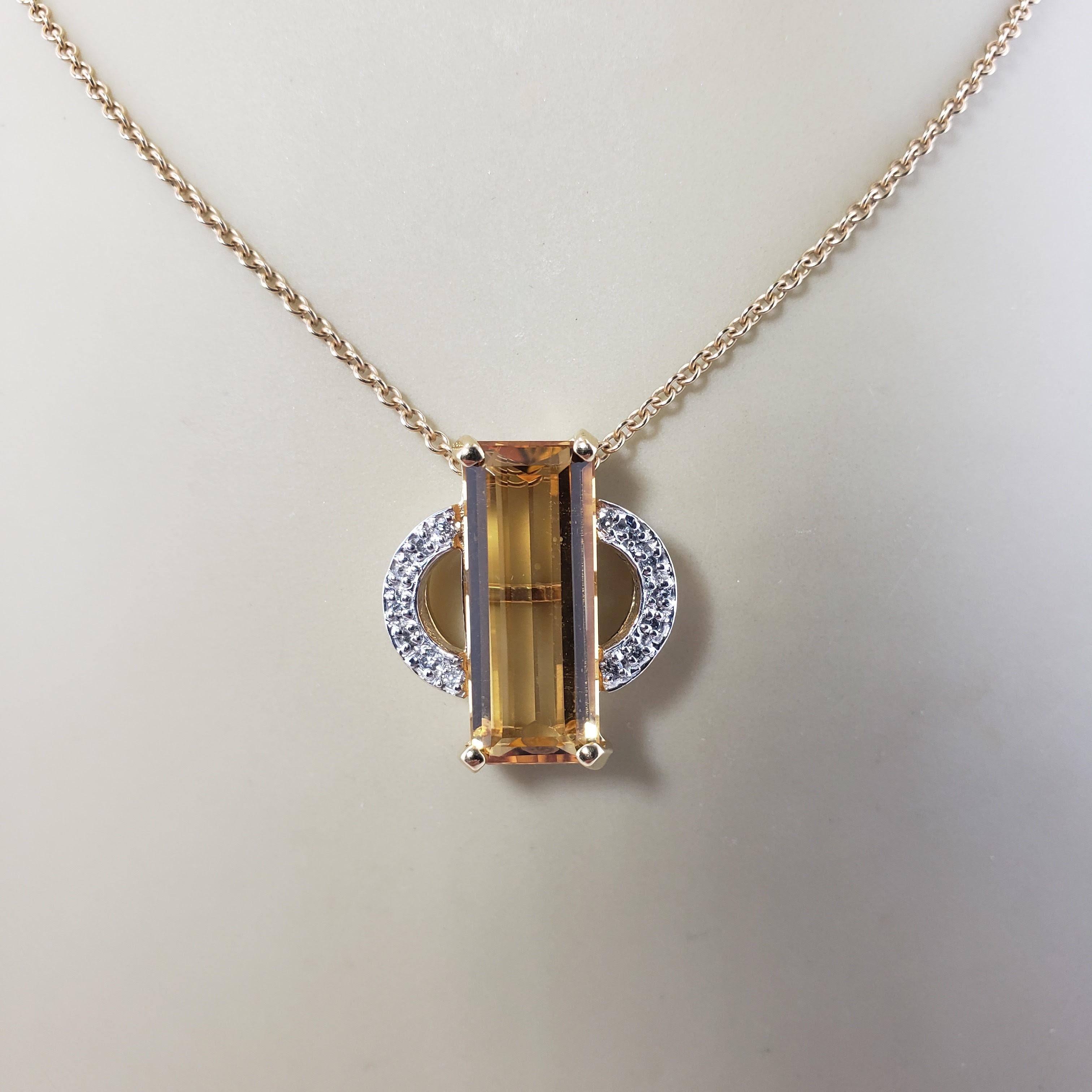 Vintage 14 Karat Yellow Gold Citrine and Diamond Pendant-

This lovely pendant features one citrine gemstone (20 mm x 8 mm) and 14 round brilliant cut diamonds set in classic 14K yellow gold.

Matching earrings: RL-00012886

Approximate total