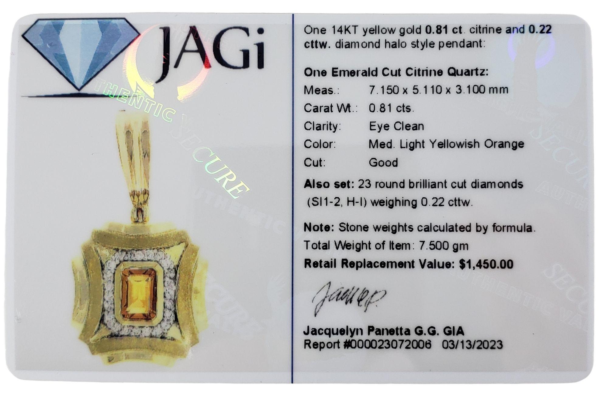 14 Karat Yellow Gold Citrine and Diamond Pendant #14026 For Sale 1
