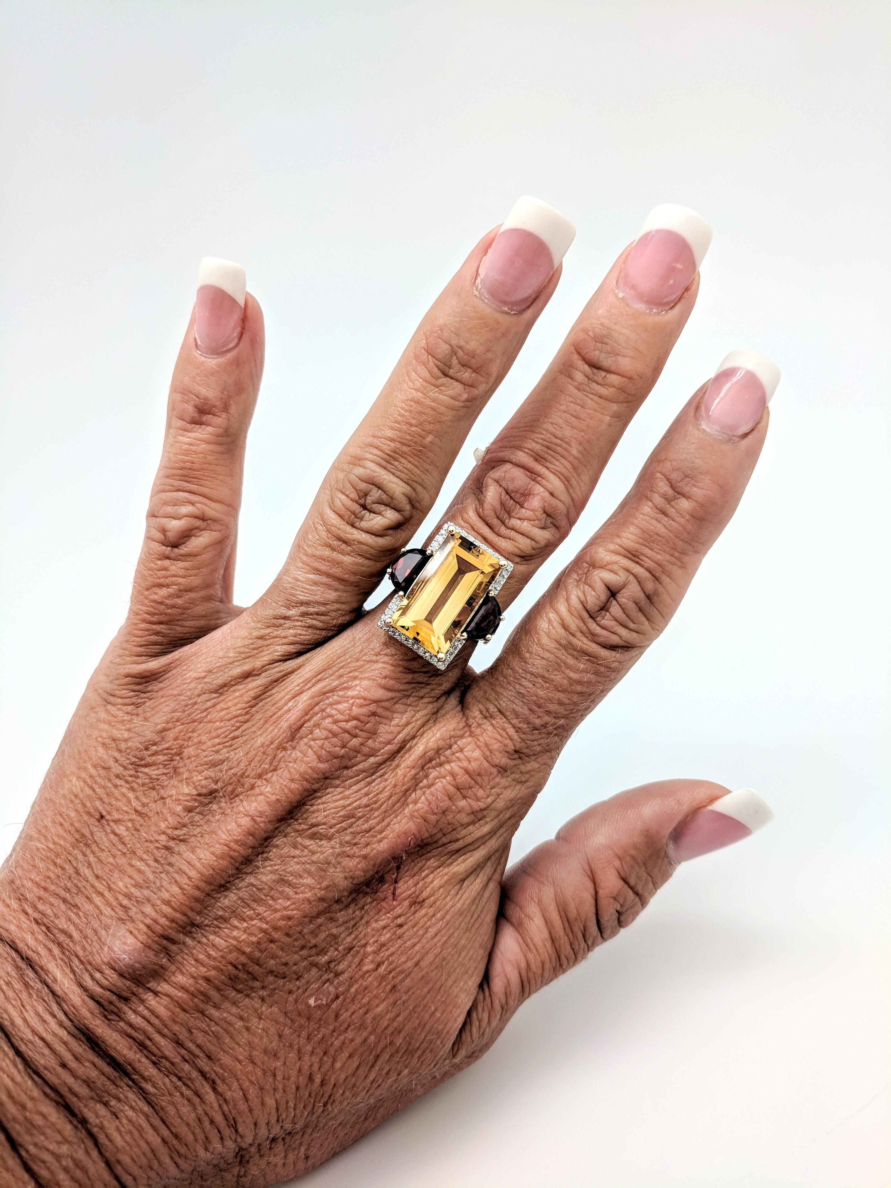 14 Karat Yellow Gold Citrine, Garnet and Diamond Right Hand Ring 6