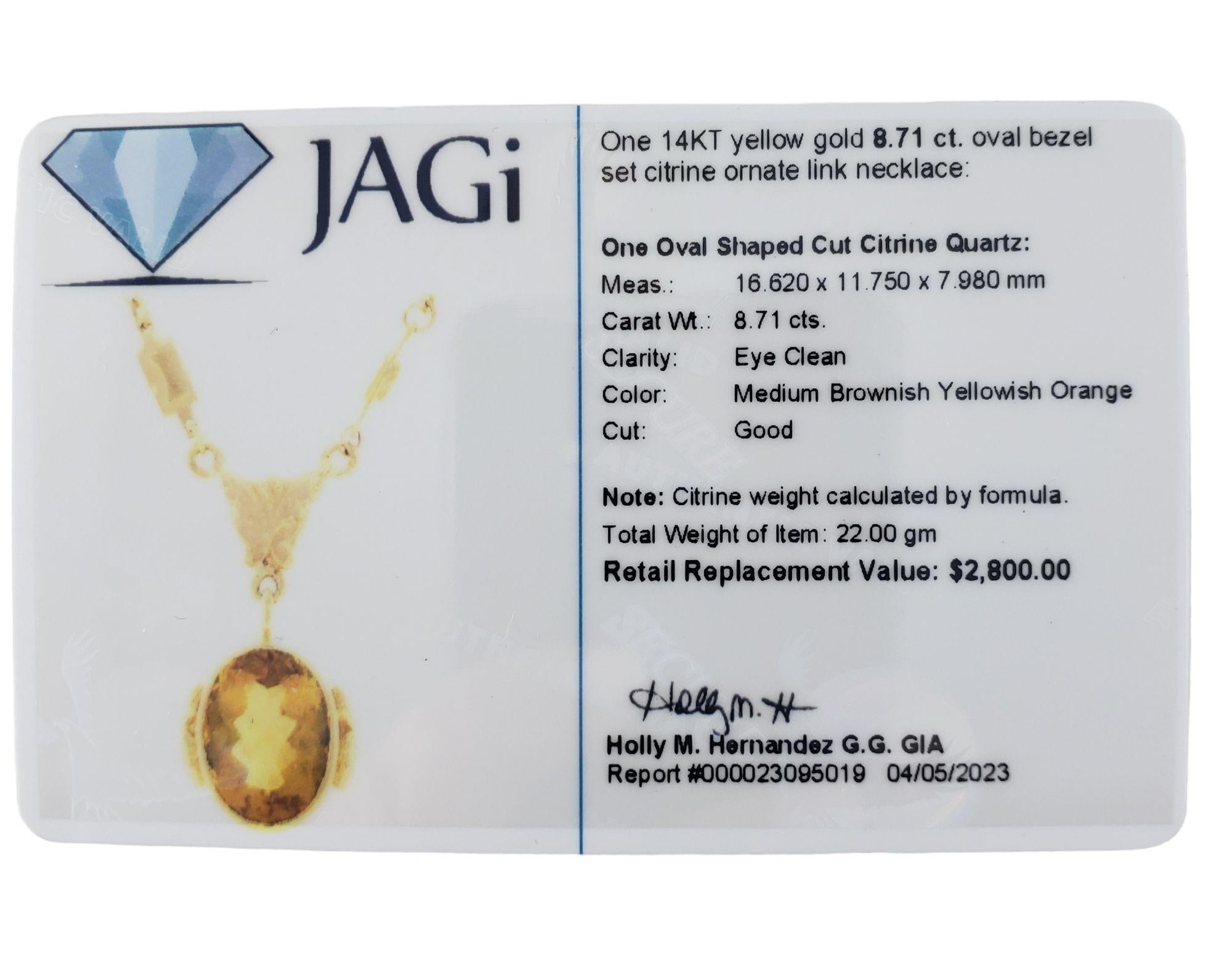 Women's 14 Karat Yellow Gold Citrine Pendant Necklace #14224 For Sale